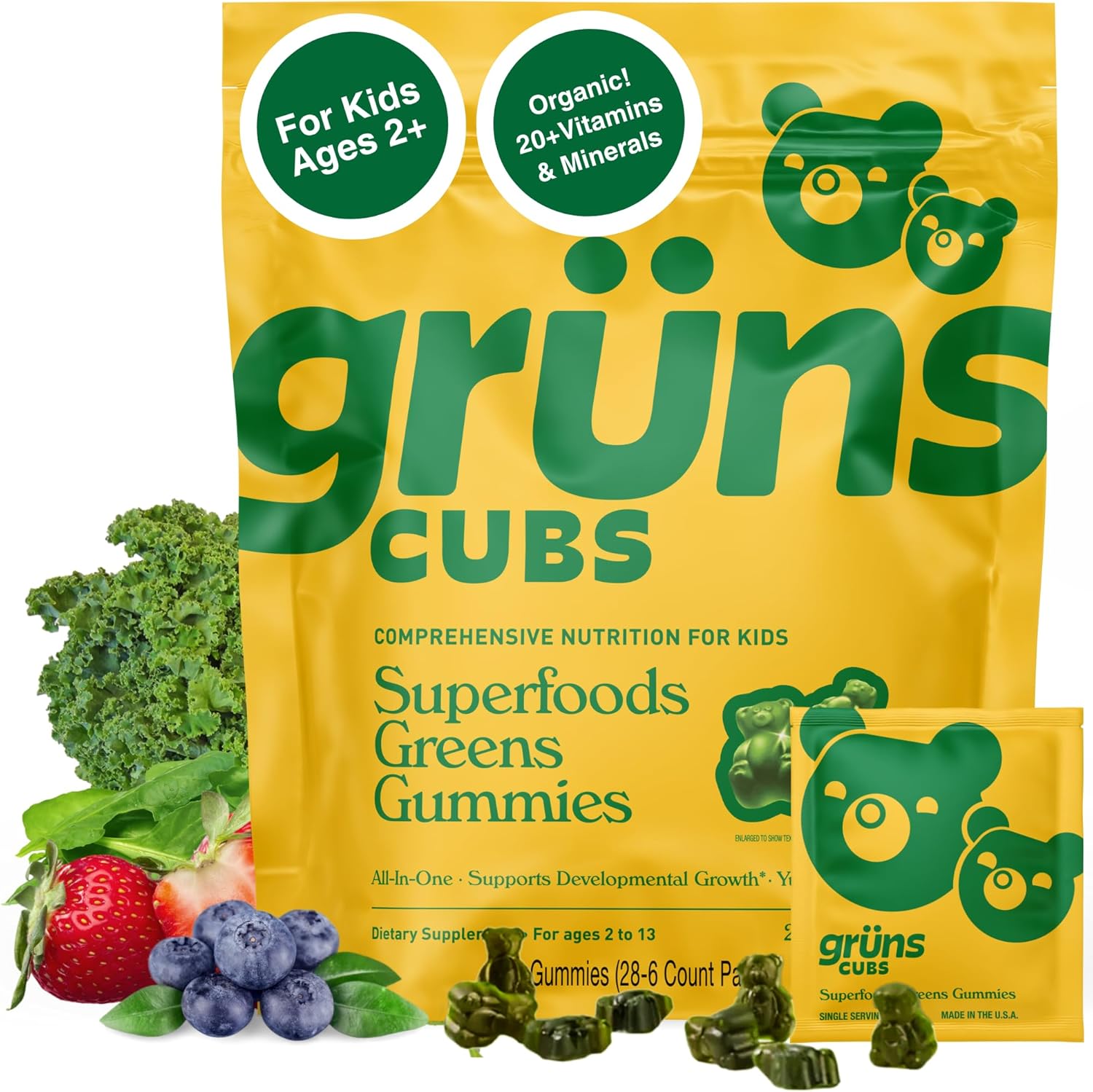 Gruns Multivitamin for Kids, Super Greens Gummies, Superfood Gummy Bears with 20...