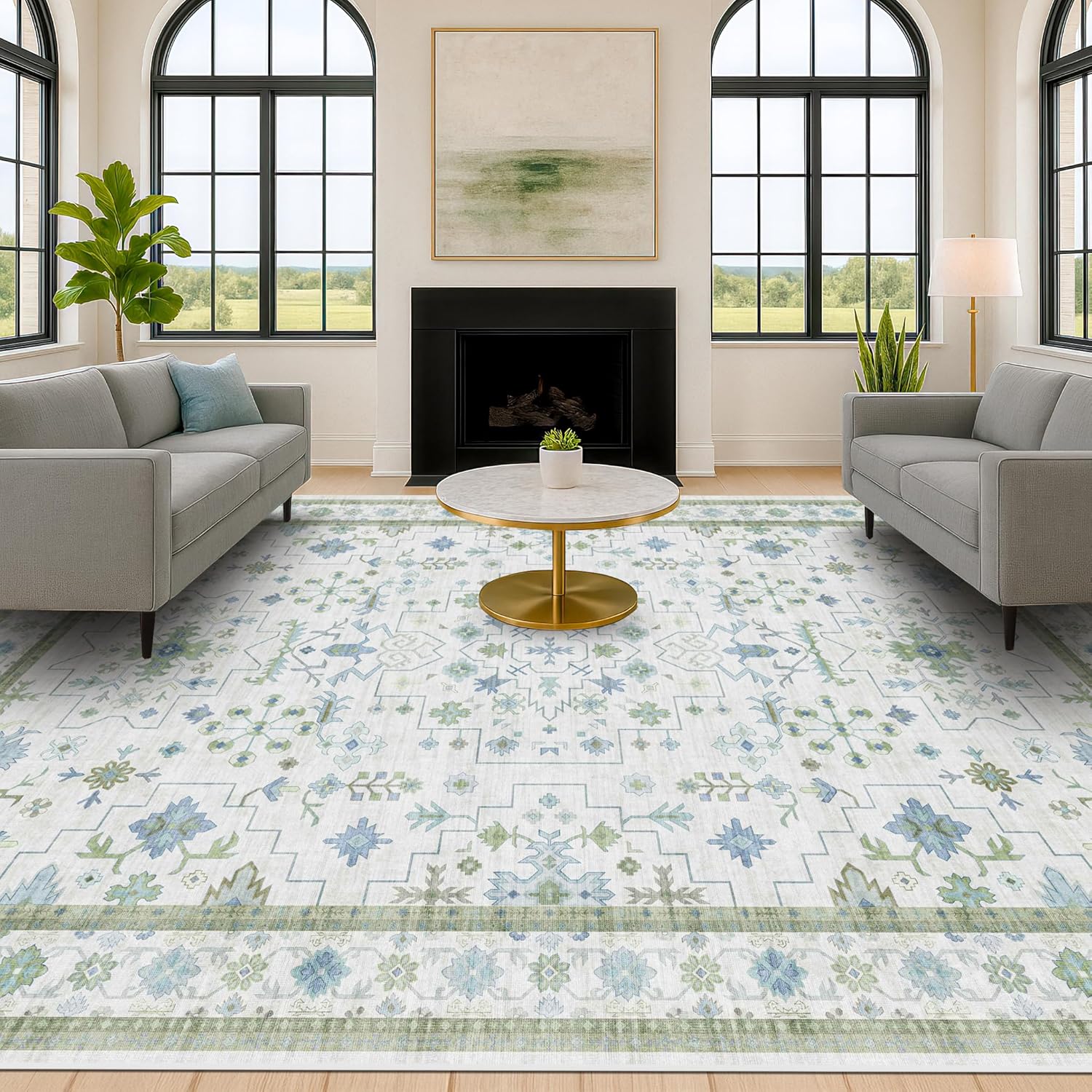 Green Area Rugs 9x12 Living Room - Washable Oriental Geometric, Extra Large for...