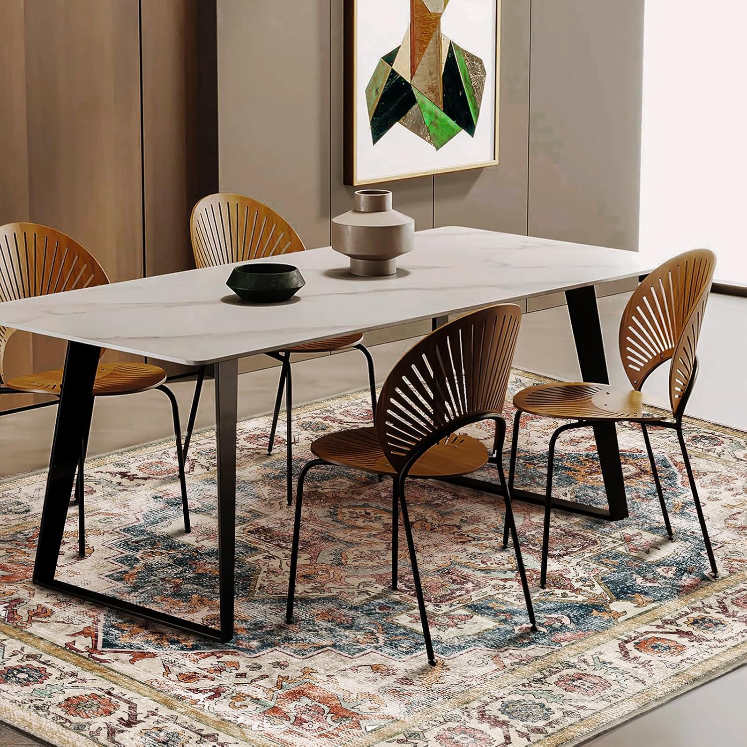 Beige Blue Washable Area Rug, Special Boho Chic Medallion Distressed Design Rug,...