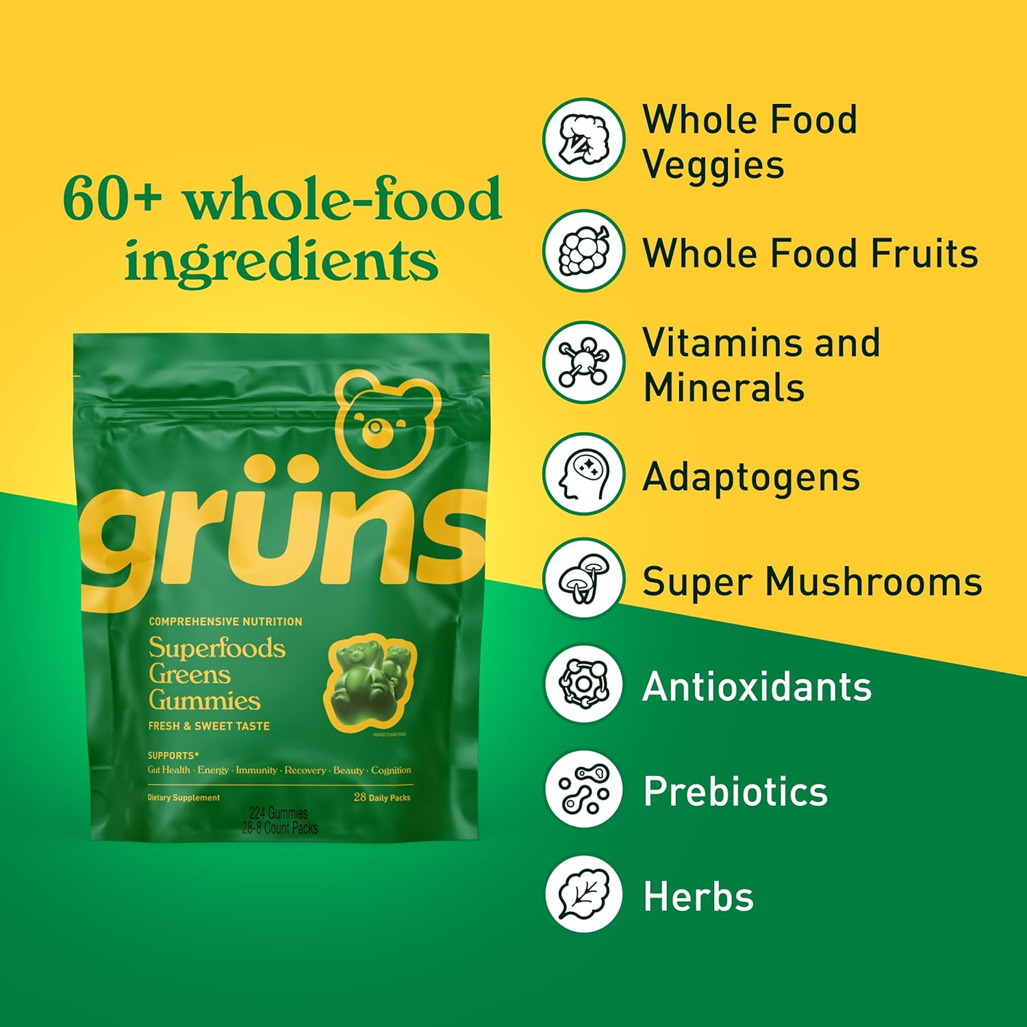 Gruns Adults Super Greens Multivitamin Gummies, Superfood Vitamin Gummy Bears wi...