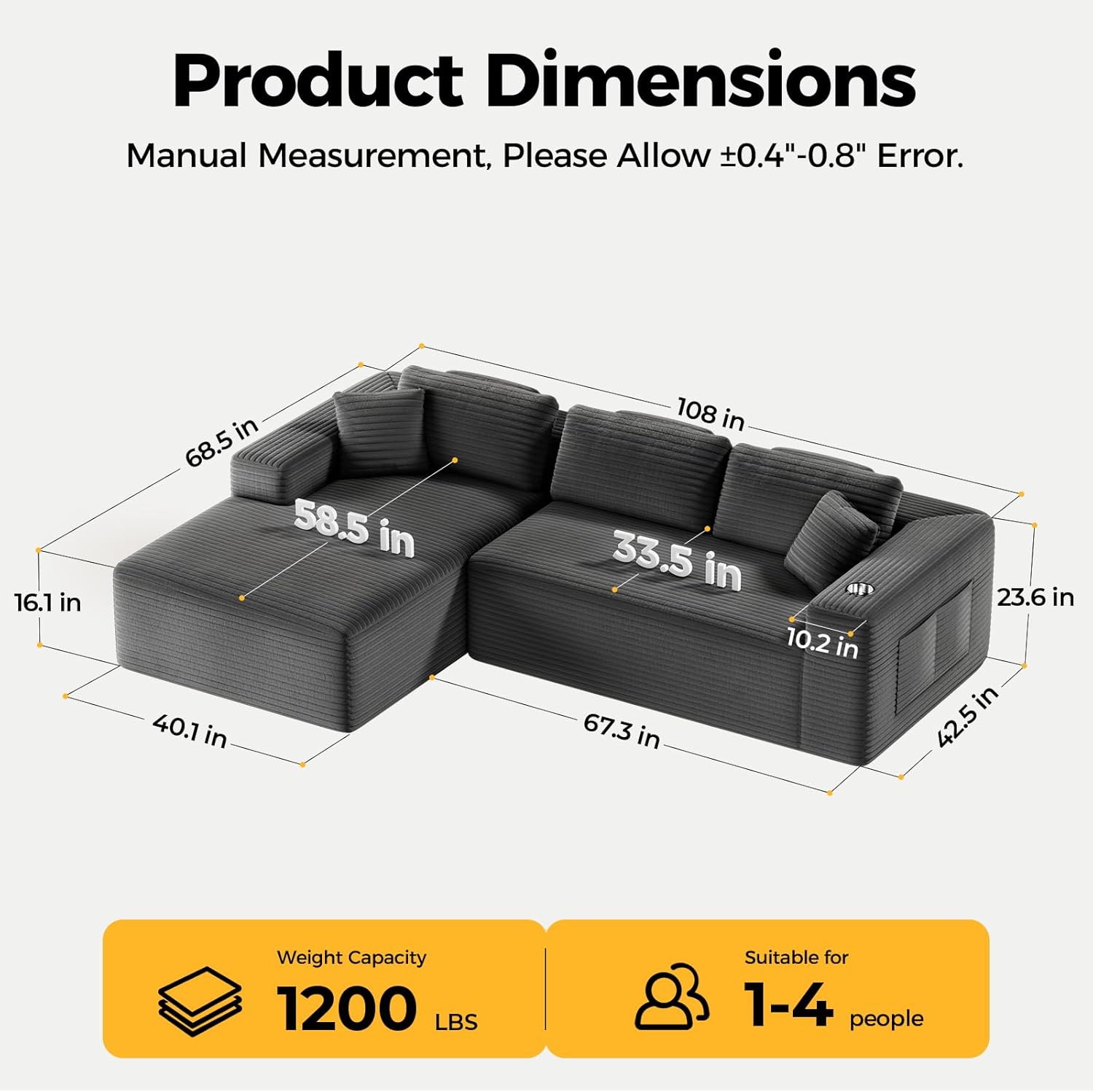 108” Cloud Sectional Couch in One Box, Compressed Modular Sectional Sofa with De...