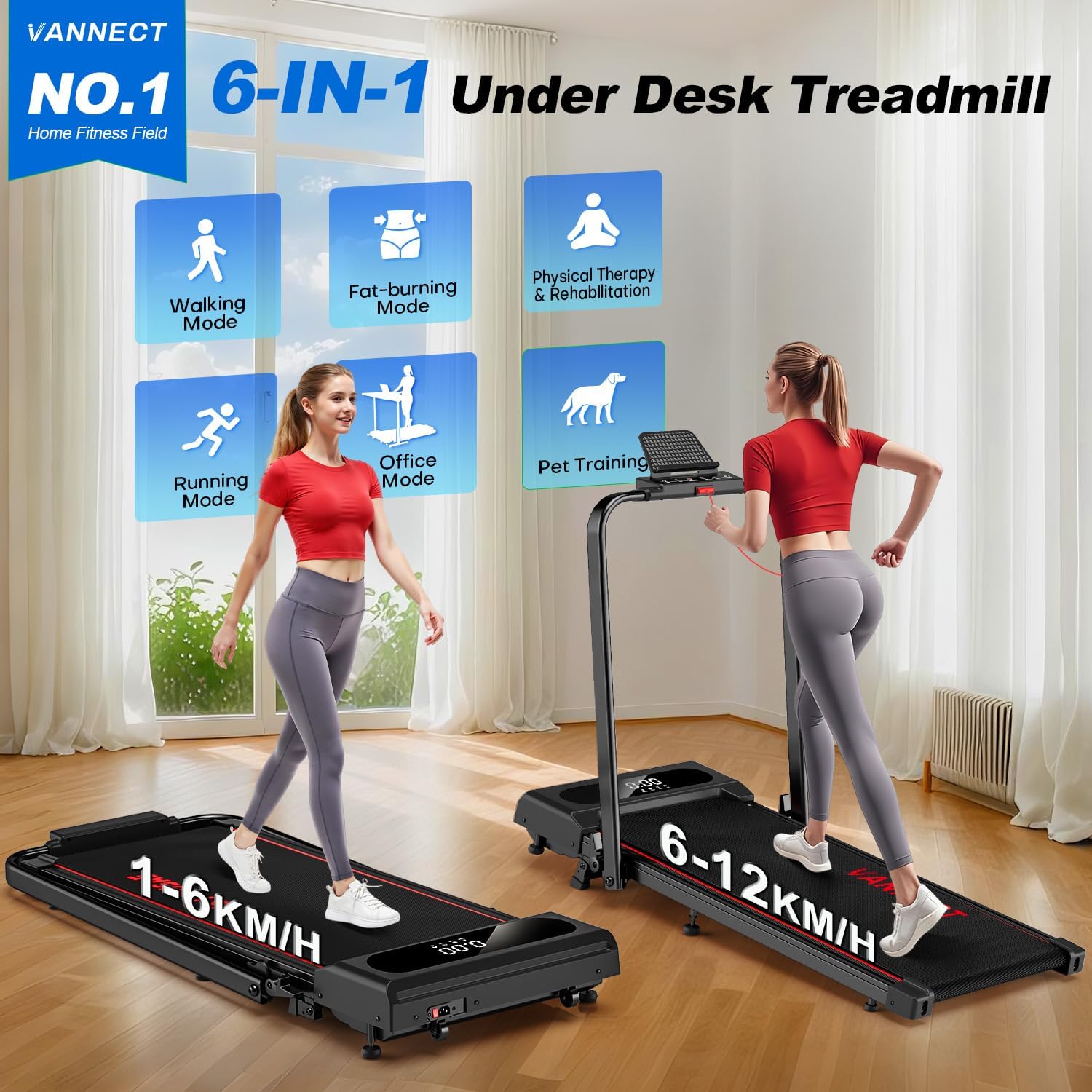 6 in 1 Folding Treadmill with 12KM/H, 9% Incline Walking Pad Foldable with APP,...