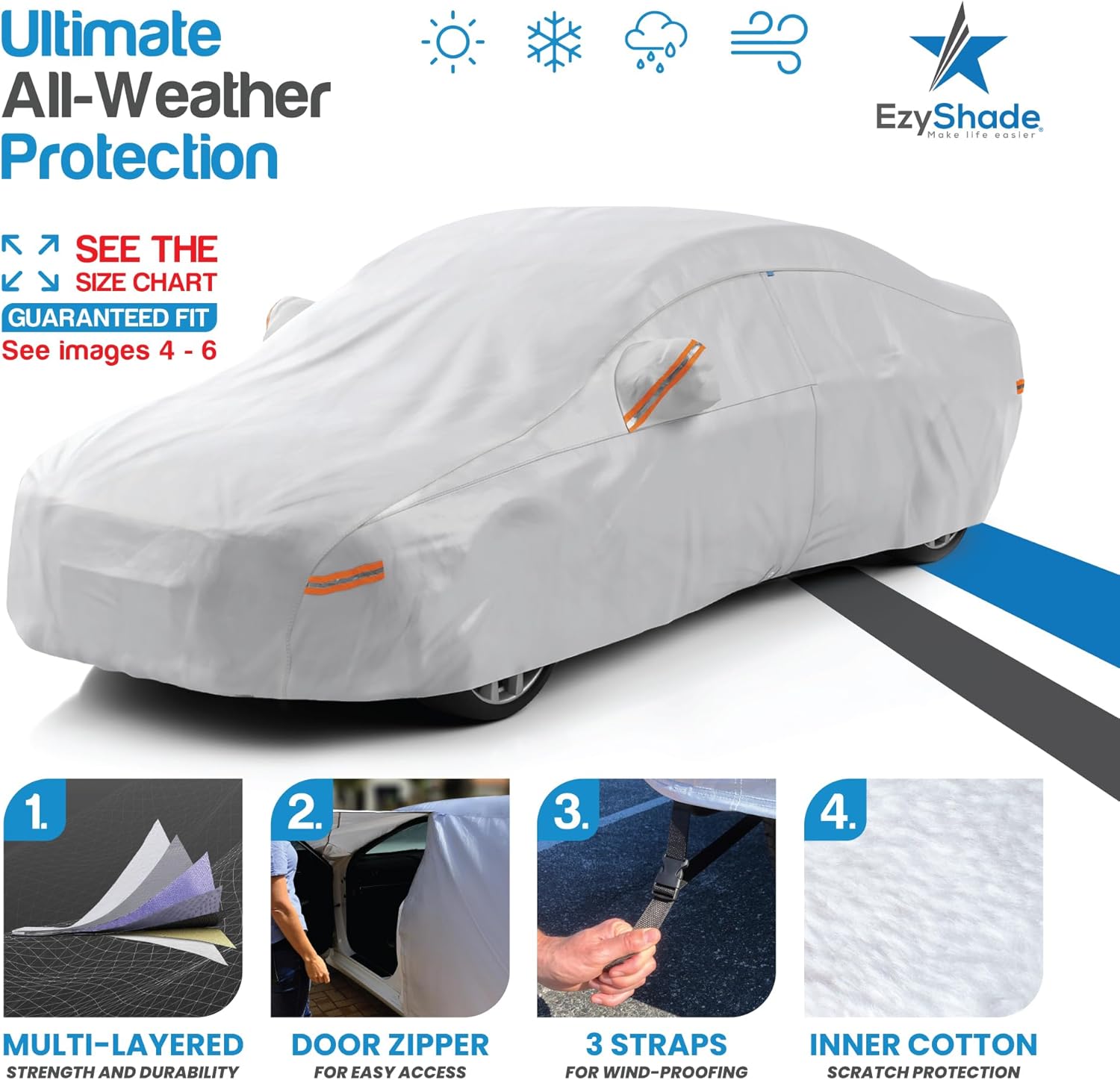 EzyShade 10-Layer Car Cover Waterproof All Weather - See Vehicle Size-Chart - Ca...