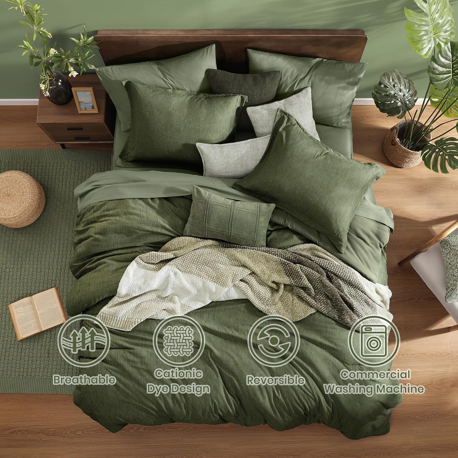 Monbix King Size Comforter Set, Olive Green King Bed Set Reversible, King Size C...