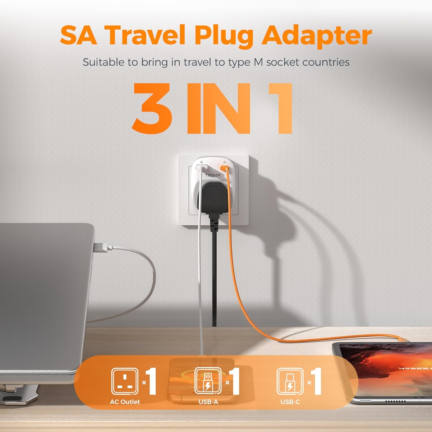 UK to South Africa Plug Adapter 2 Pack, TESSAN 3 in 1 Travel Adapter with 2 USB(...