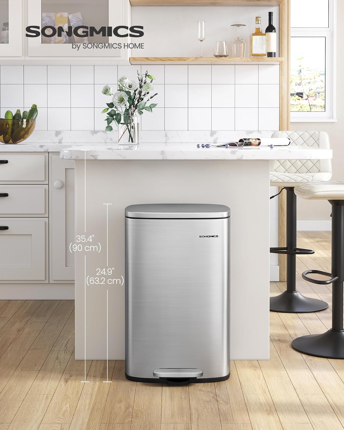 SONGMICS Kitchen Bin 13 Gallon (50 L), Pedal Rubbish Bin, Soft Close, Step-On Pe...