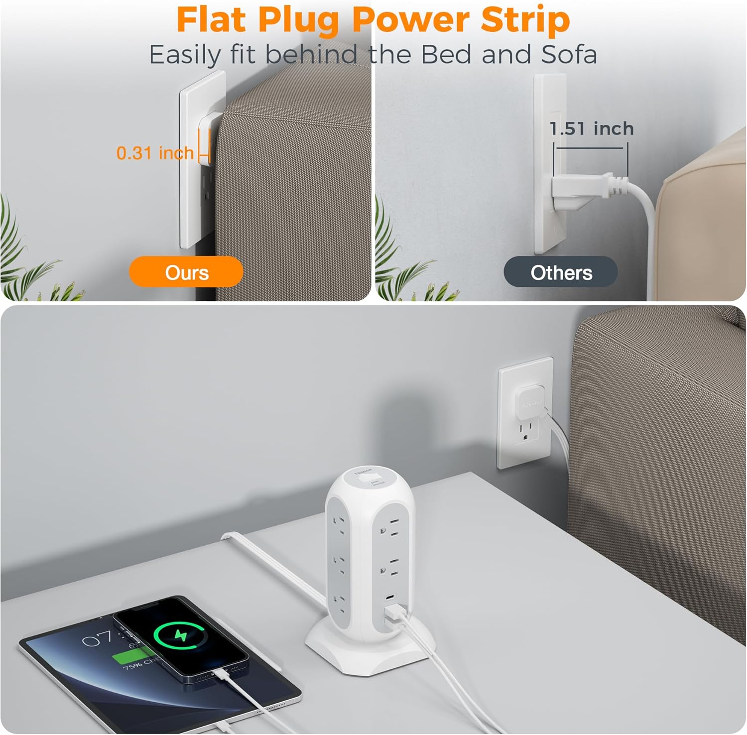 Tower Power Strip Flat Plug with 11 Outlets 3 USB (1 USB C), TESSAN Surge Protec...
