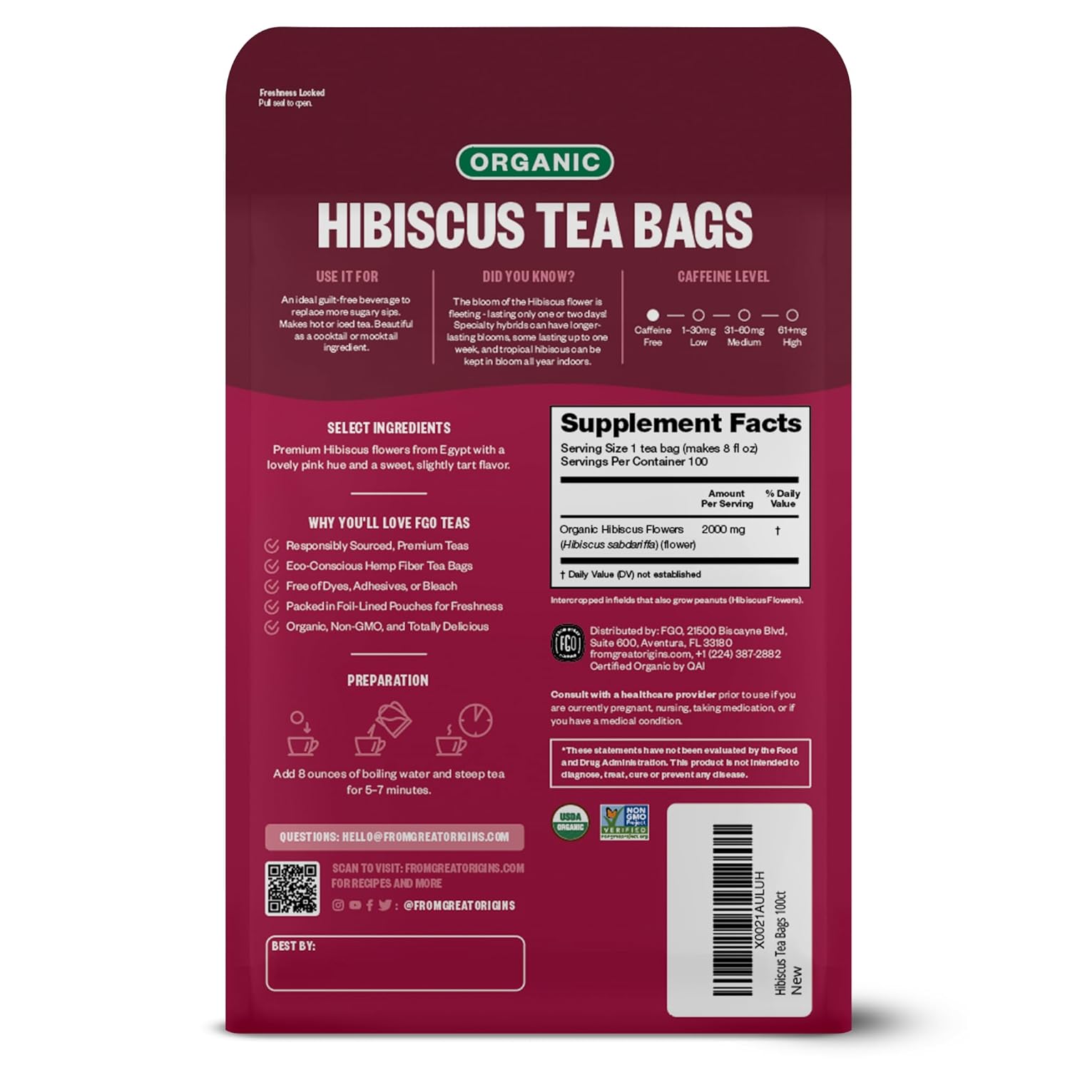 FGO Organic Hibiscus Tea, 100 Count, Eco-Conscious Tea Bags, Caffeine Free, Pack...