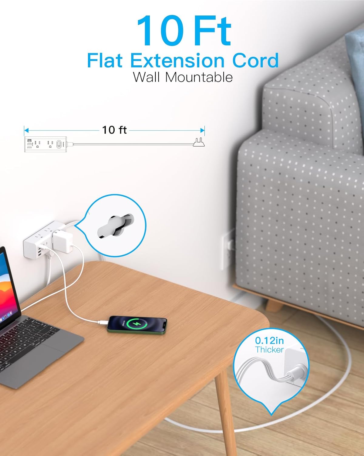 One Beat 10Ft Extension Cord with Multiple Outlets,Flat Plug Power Strip Surge P...