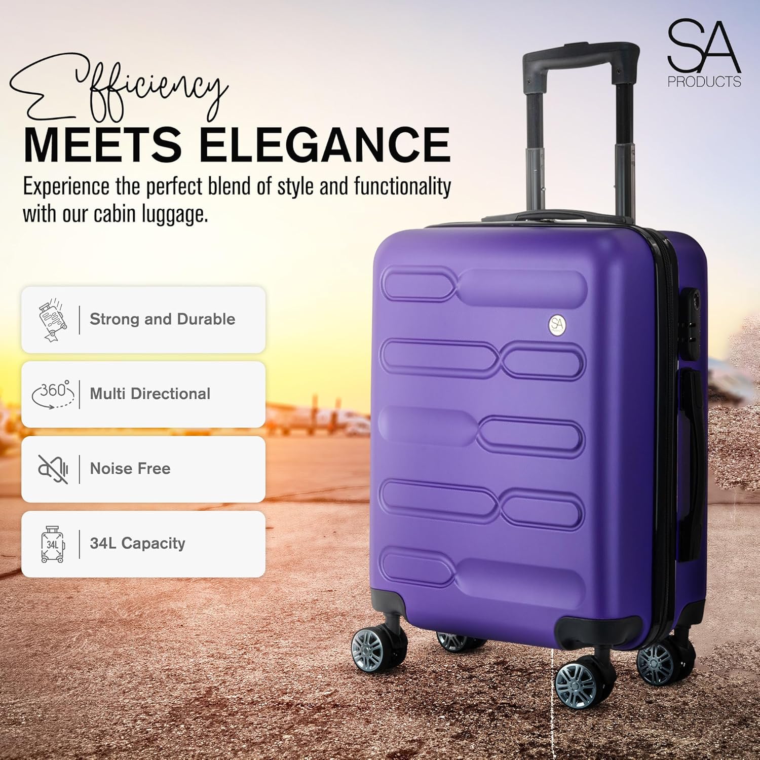 SA Products Cabin Suitcase | 34L Carry On Suitcase, Cabin Bag 55x40x20 with Comb...