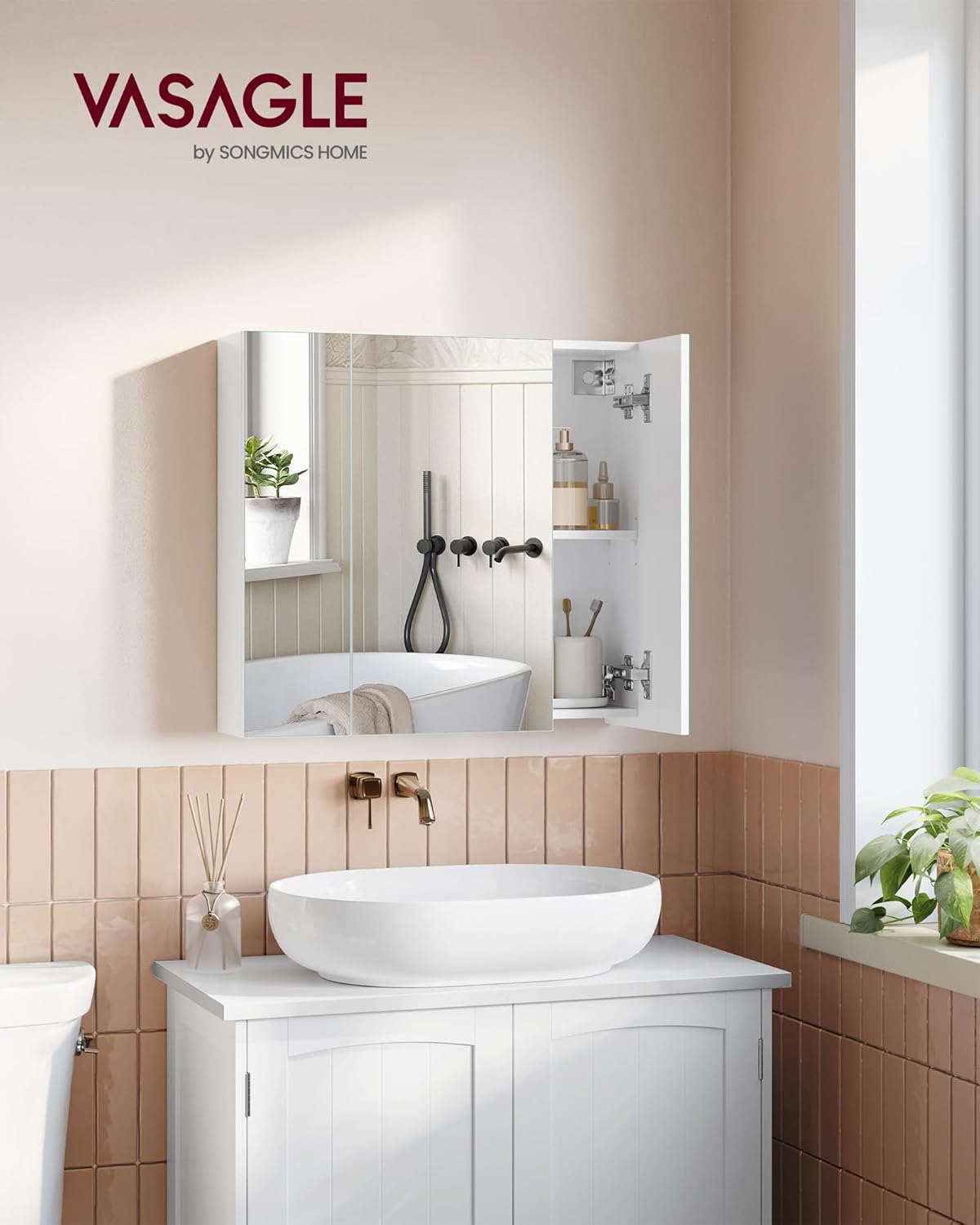 VASAGLE BBK22WT Bathroom Wall Cabinet with Mirror, 3 Door Storage Unit, 60 x 15...