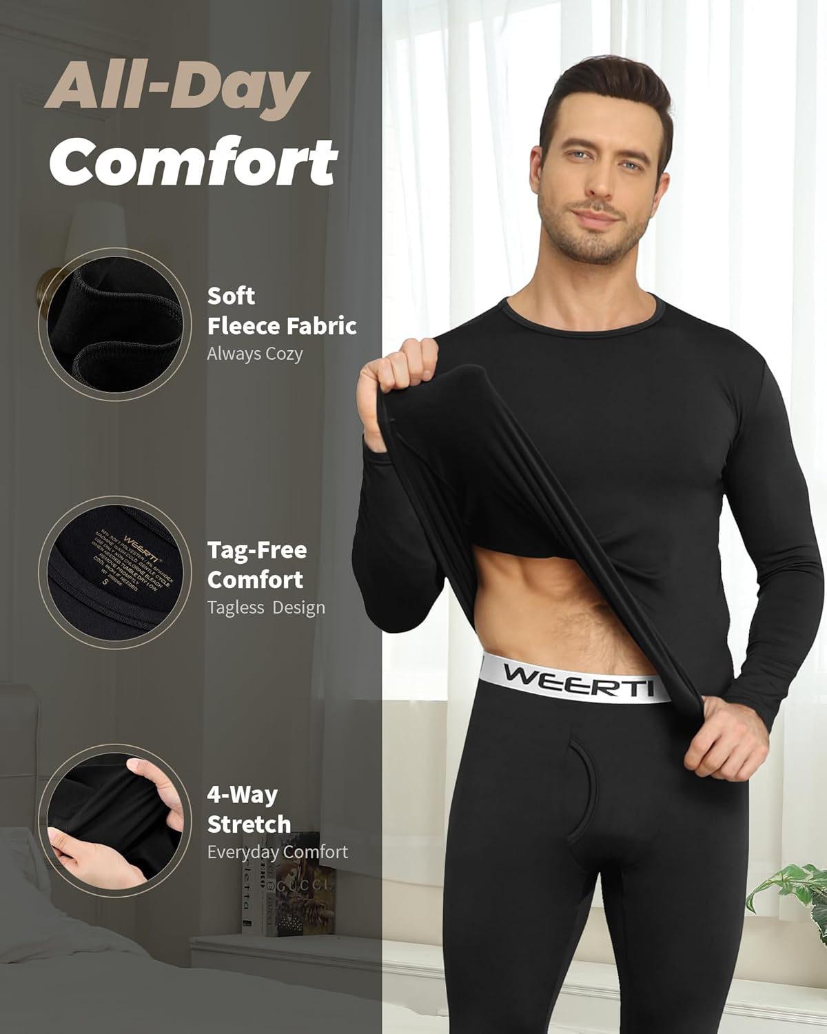 WEERTI Thermal Underwear for Men Long Johns with Fleece Lined Base Layer Men Col...