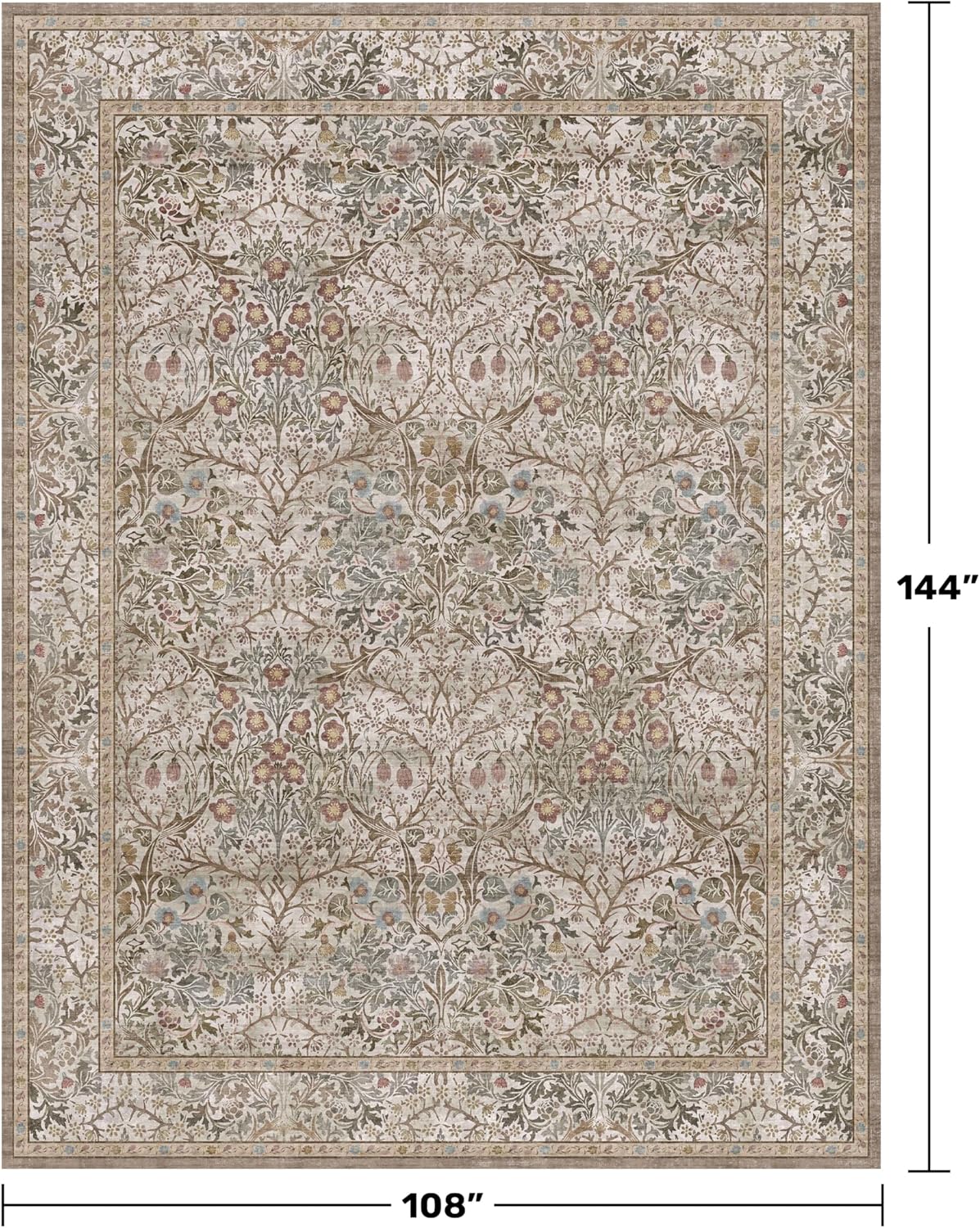 Washable 9x12 Living Room Rug - Moss Brown Floral Area Rug for Dining Room Under...