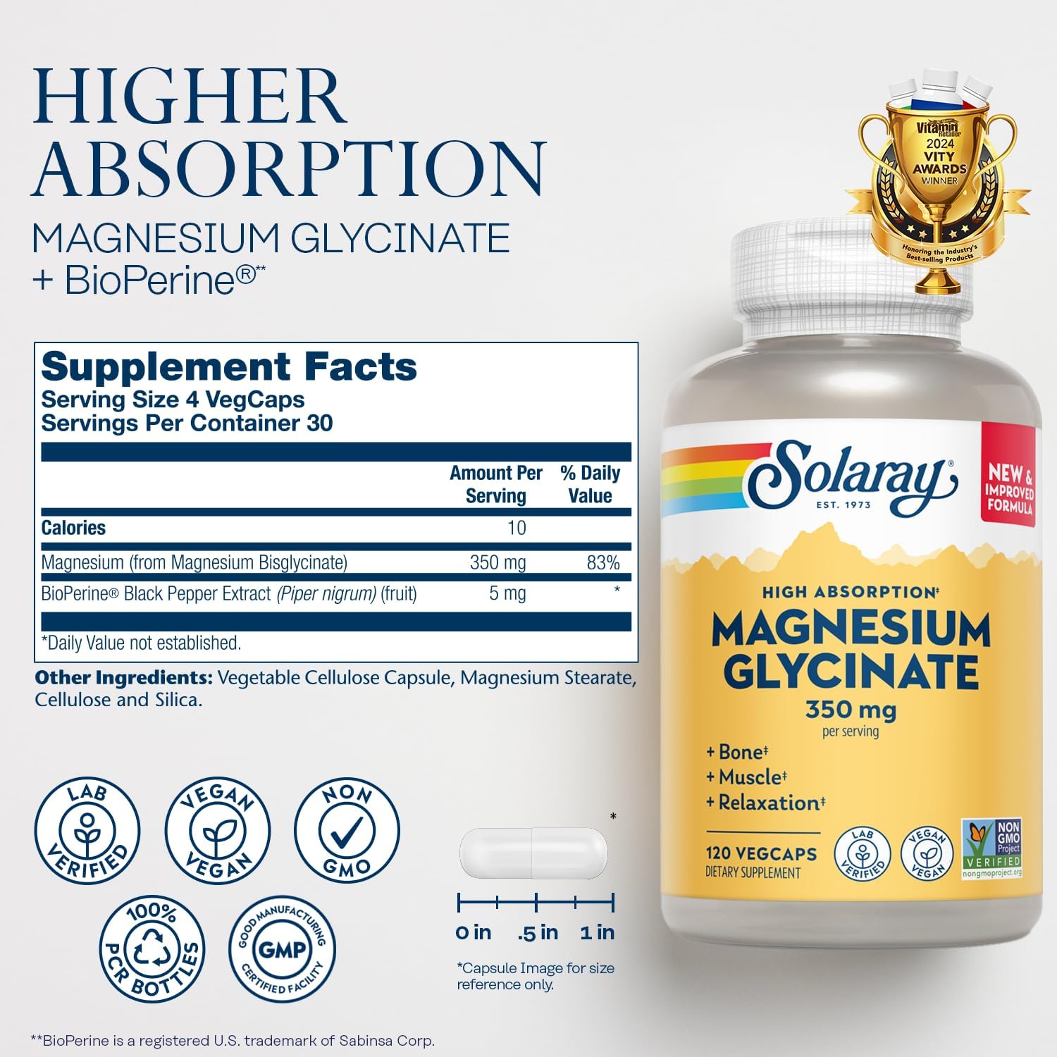 SOLARAY Magnesium Glycinate Capsules, Chelated Mag...