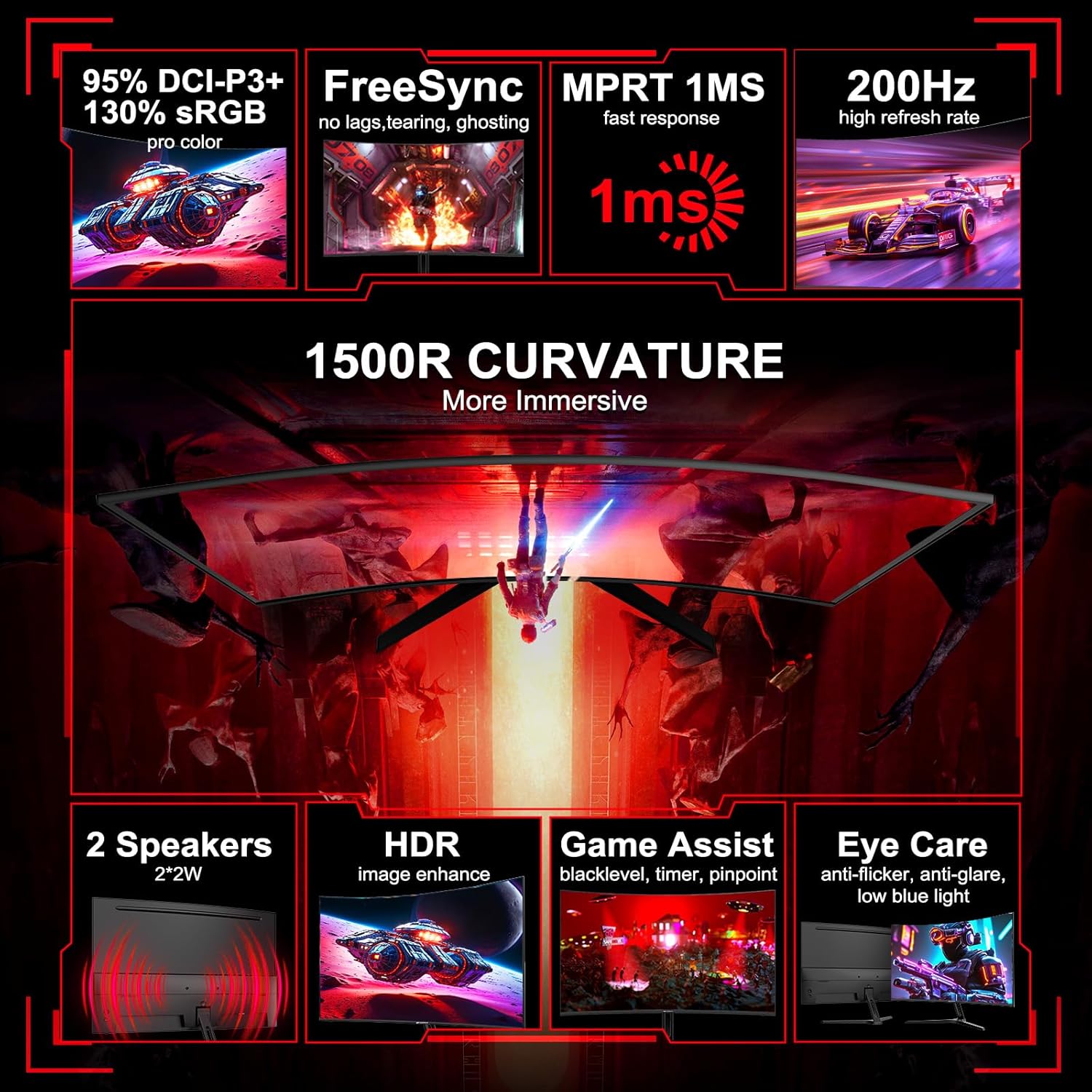 SANSUI 27 Inch Curved Gaming Monitor 200Hz 1ms with Speakers FHD 1080P Computer...