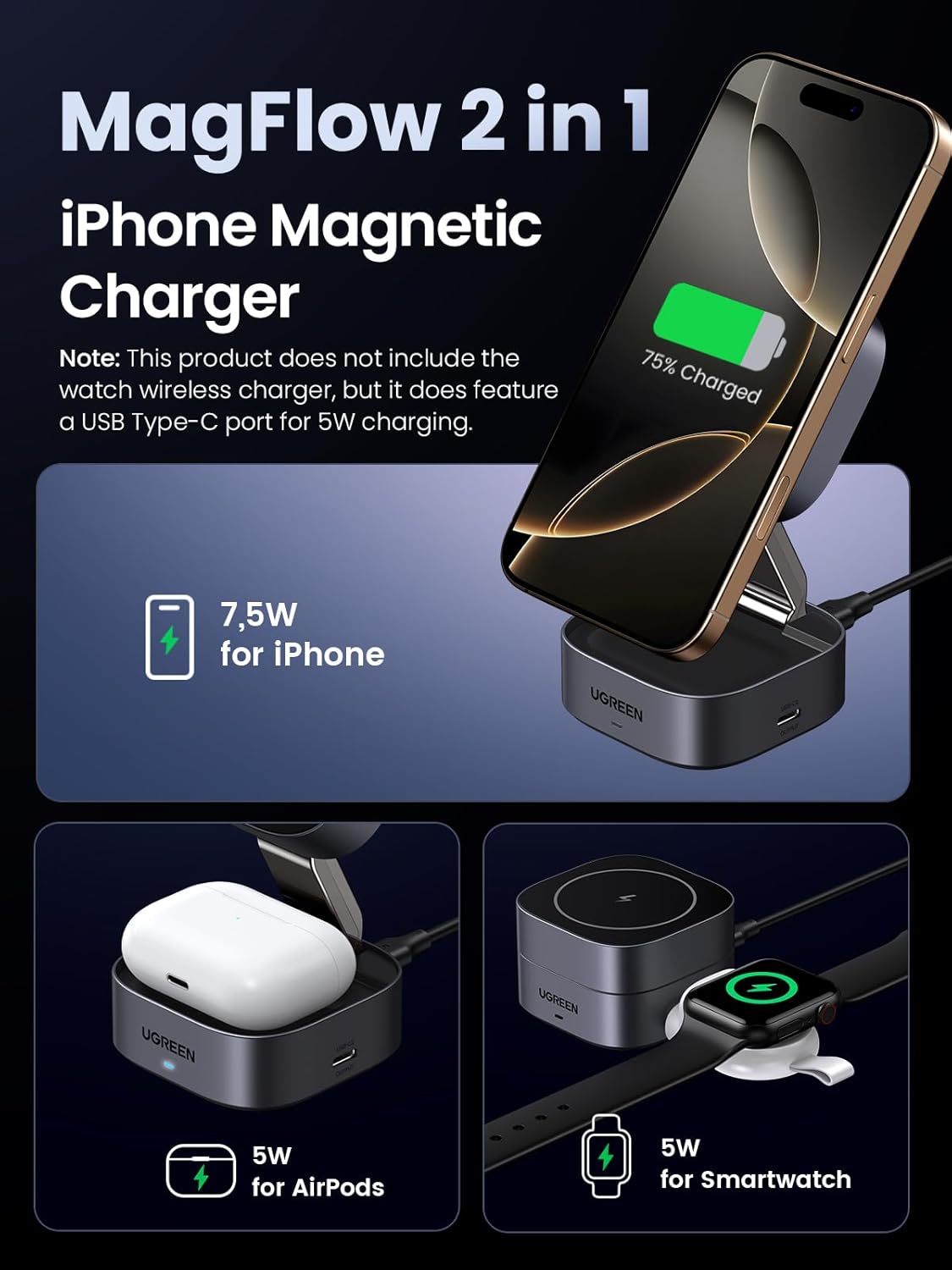 UGREEN MagFlow for MagSafe Charger Qi certified, 2-in-1 Wireless Charger Stand,...