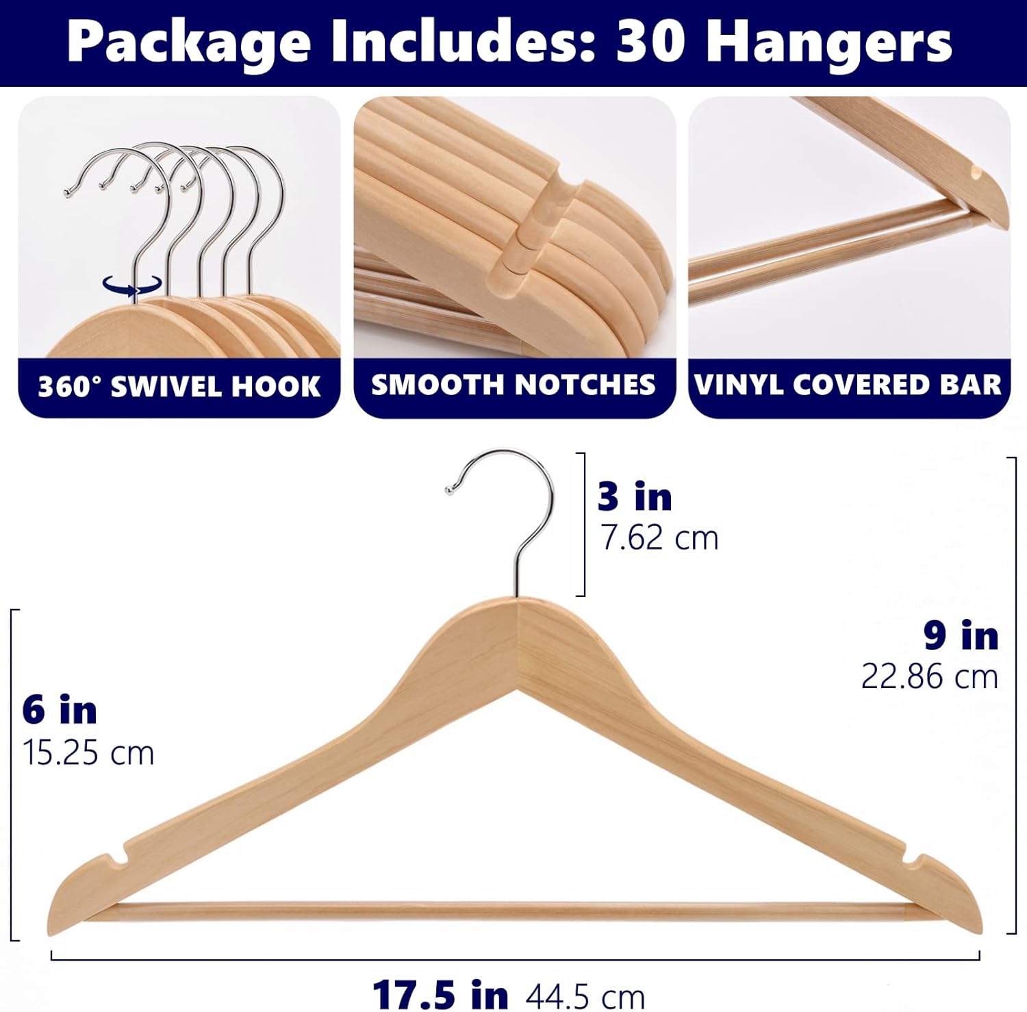 Amber Home 30 Pack Wooden Coat Hangers, Natural Wood Suit Hangers with Non Slip...