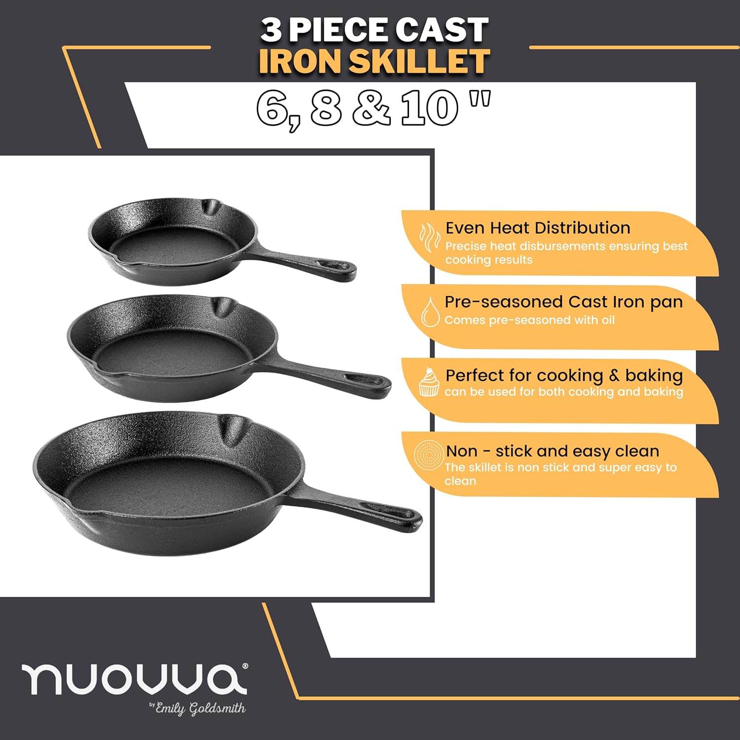 nuovva Pre-Seasoned Cast Iron Skillet Frying Pans Oven Safe Cookware for Indoor...