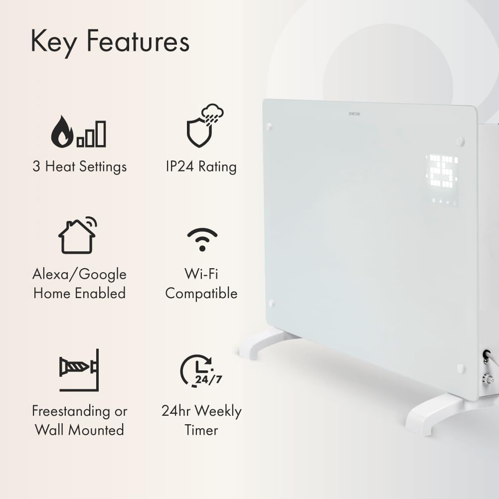 Devola Wifi Enabled Smart Electric Glass Panel Heater 1000W | Alexa Heating Cont...