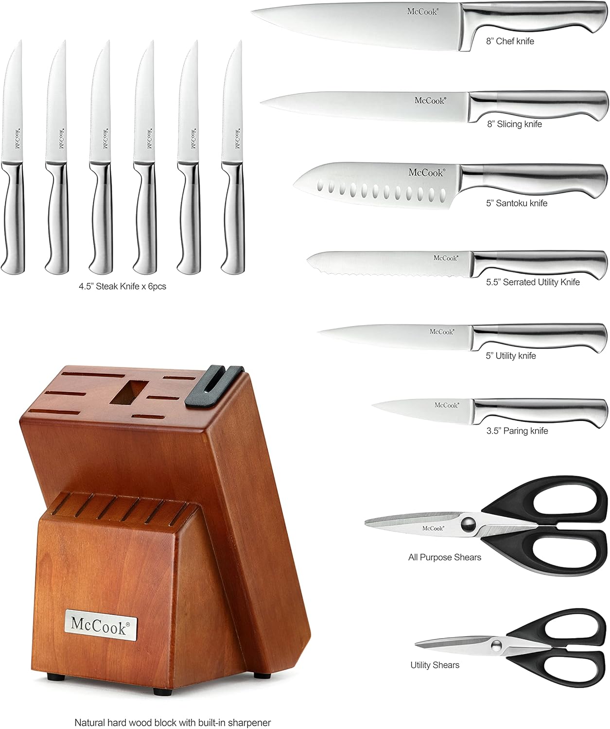 McCook® Knife Sets, German Stainless Steel Kitchen Knife Block Sets with Built-i...