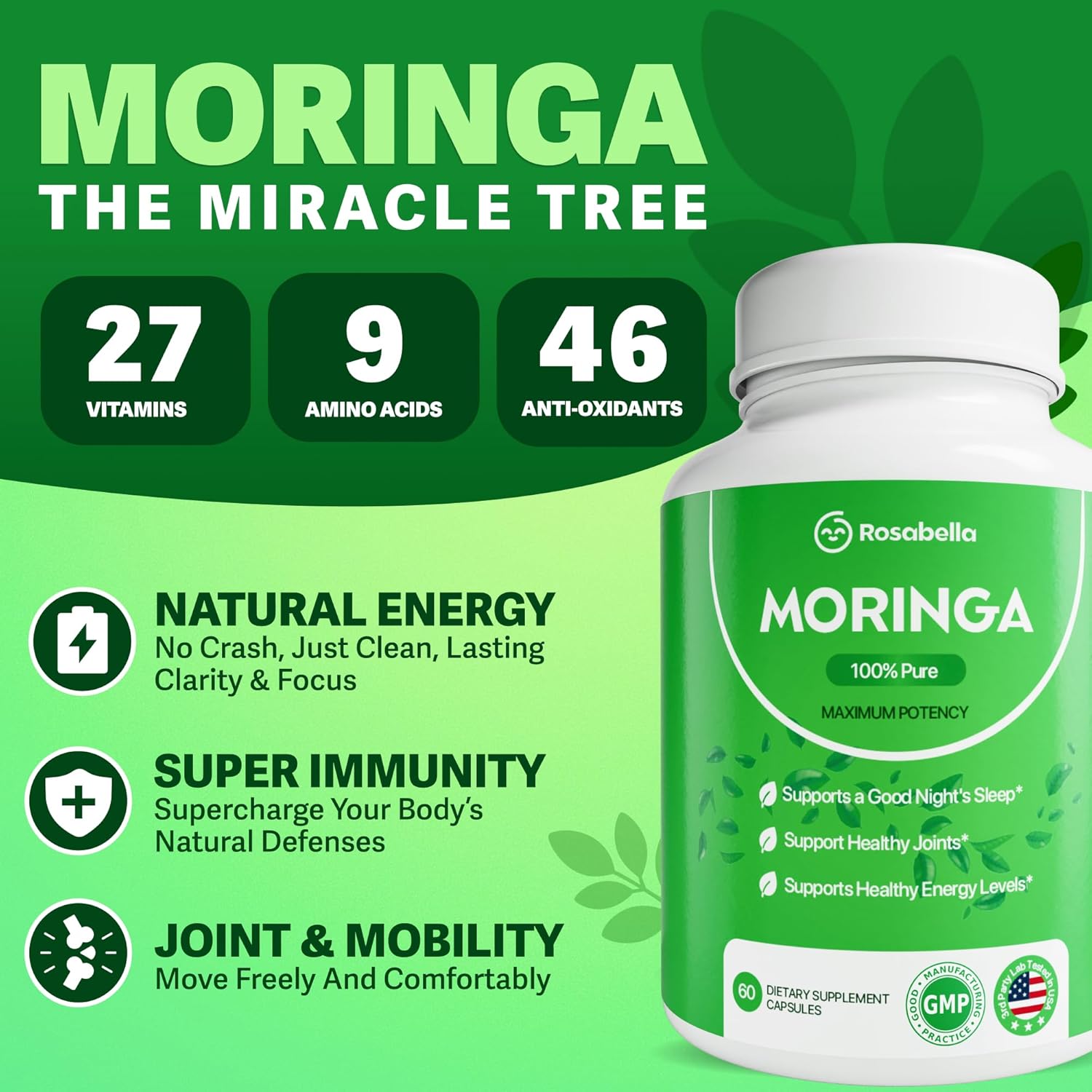 Rosabella Moringa Capsules - Pure Moringa Powder, Energy, Skin, Immune & Gut Hea...