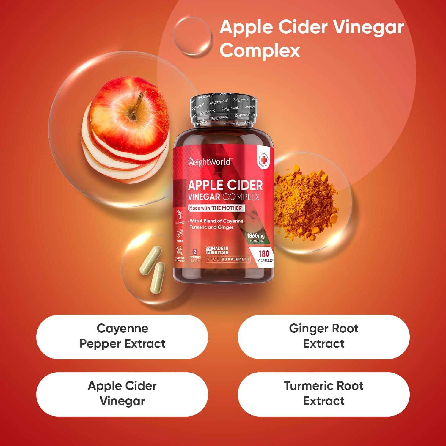 Apple Cider Vinegar Capsules 1860mg - 2 Months Supply - 180 Capsules - Apple Cid...