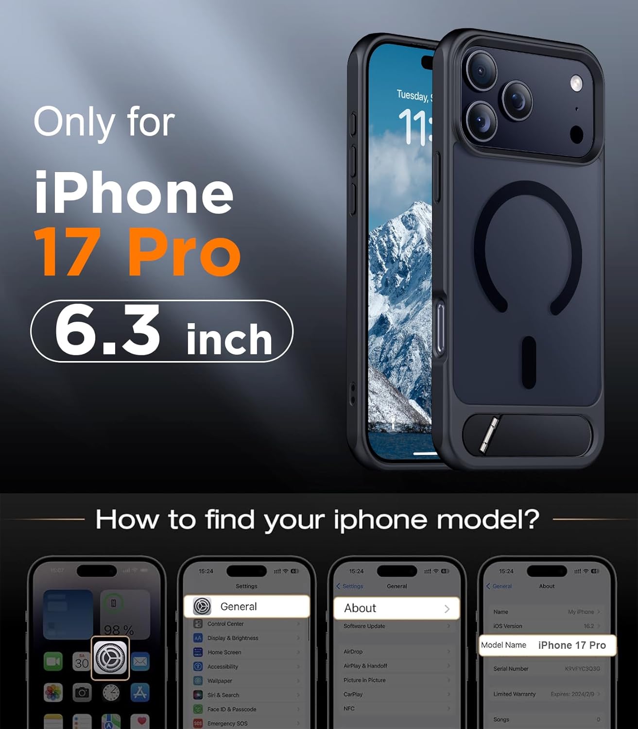 Temdan Designed for iPhone 17 Pro Case, [Built-in Invisible Kickstand][Compatibl...