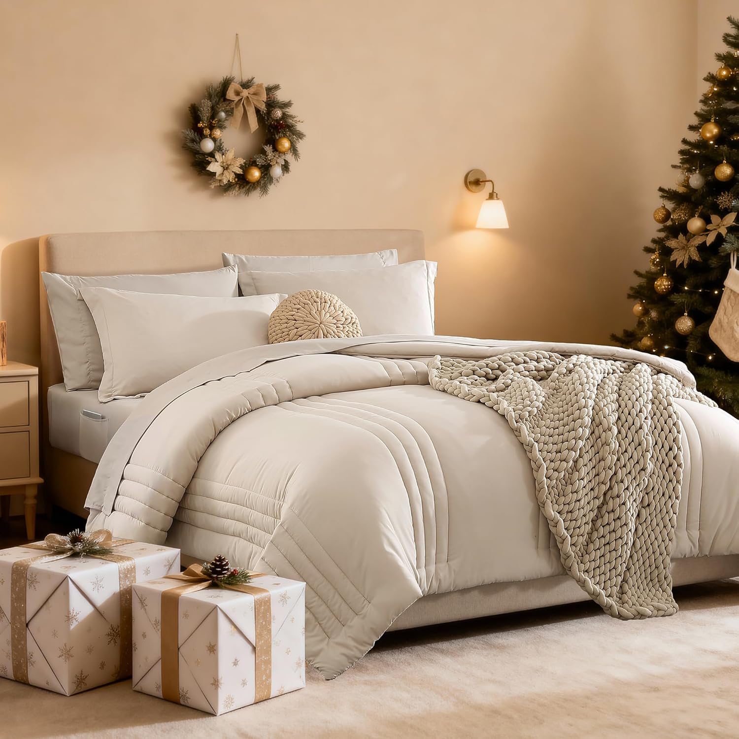 Monbix Queen Comforter Set - 7 Pieces Beige Bed in a Bag Queen Bedding Sets with...