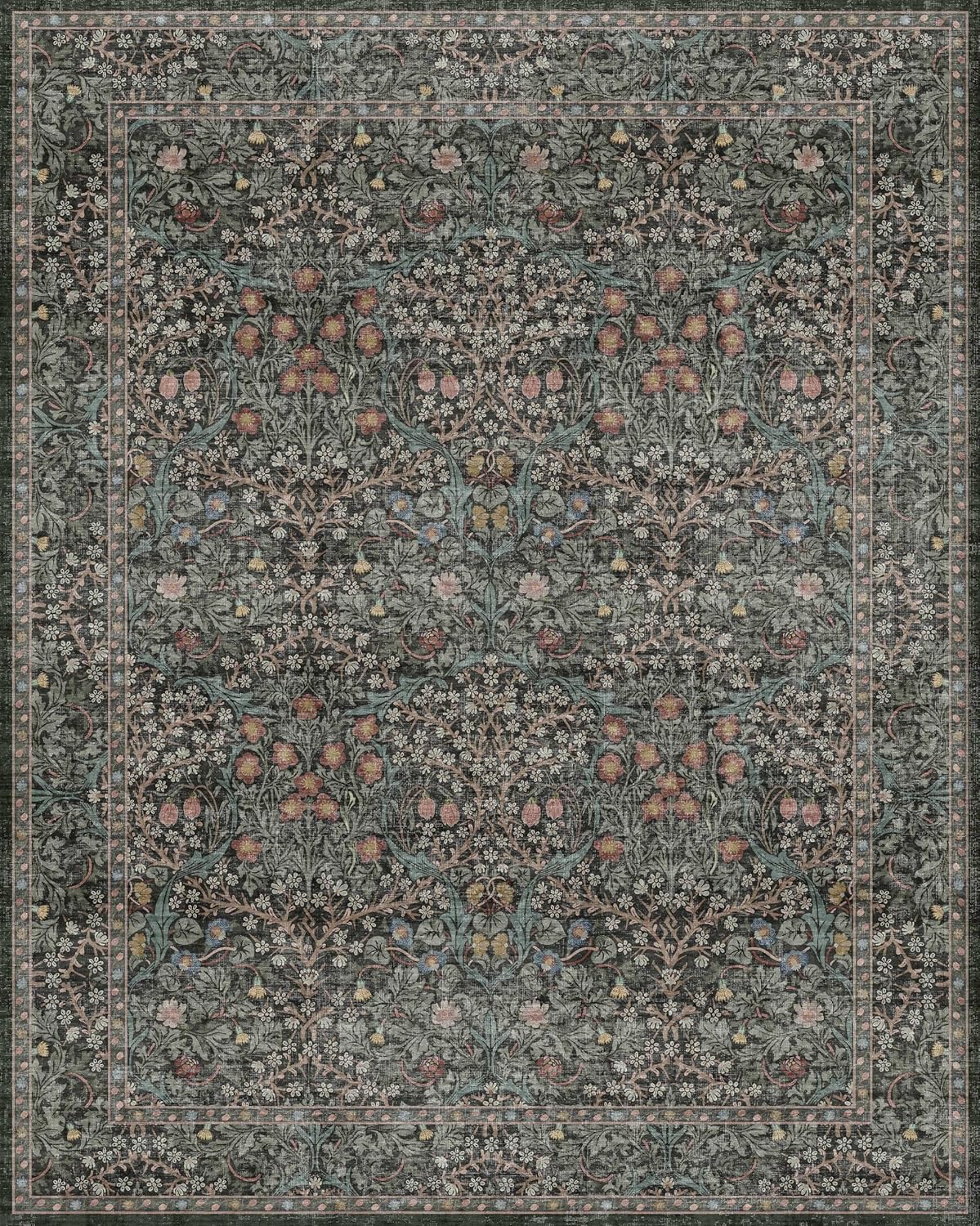 Vintage Dark Green Living Room Rug, 8x10 Washable Area Rugs for Dining Room Unde...