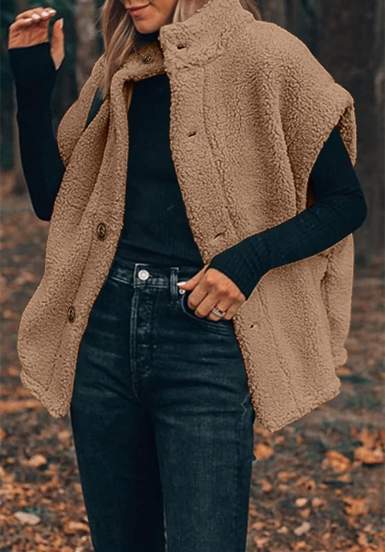 Hongqizo Womens Fuzzy Fleece Vest Casual Oversized Warm Button Down Sherpa Vest...