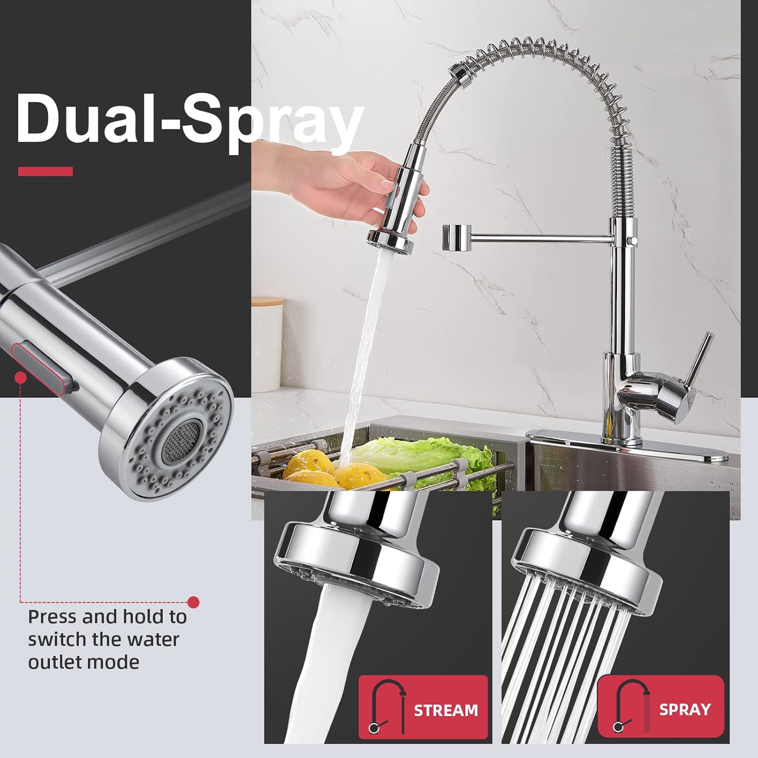 Cobbe Kitchen Sink Mixer Tap, Spring Faucet with Pull Down Sprayer, 2 Spray Mode...