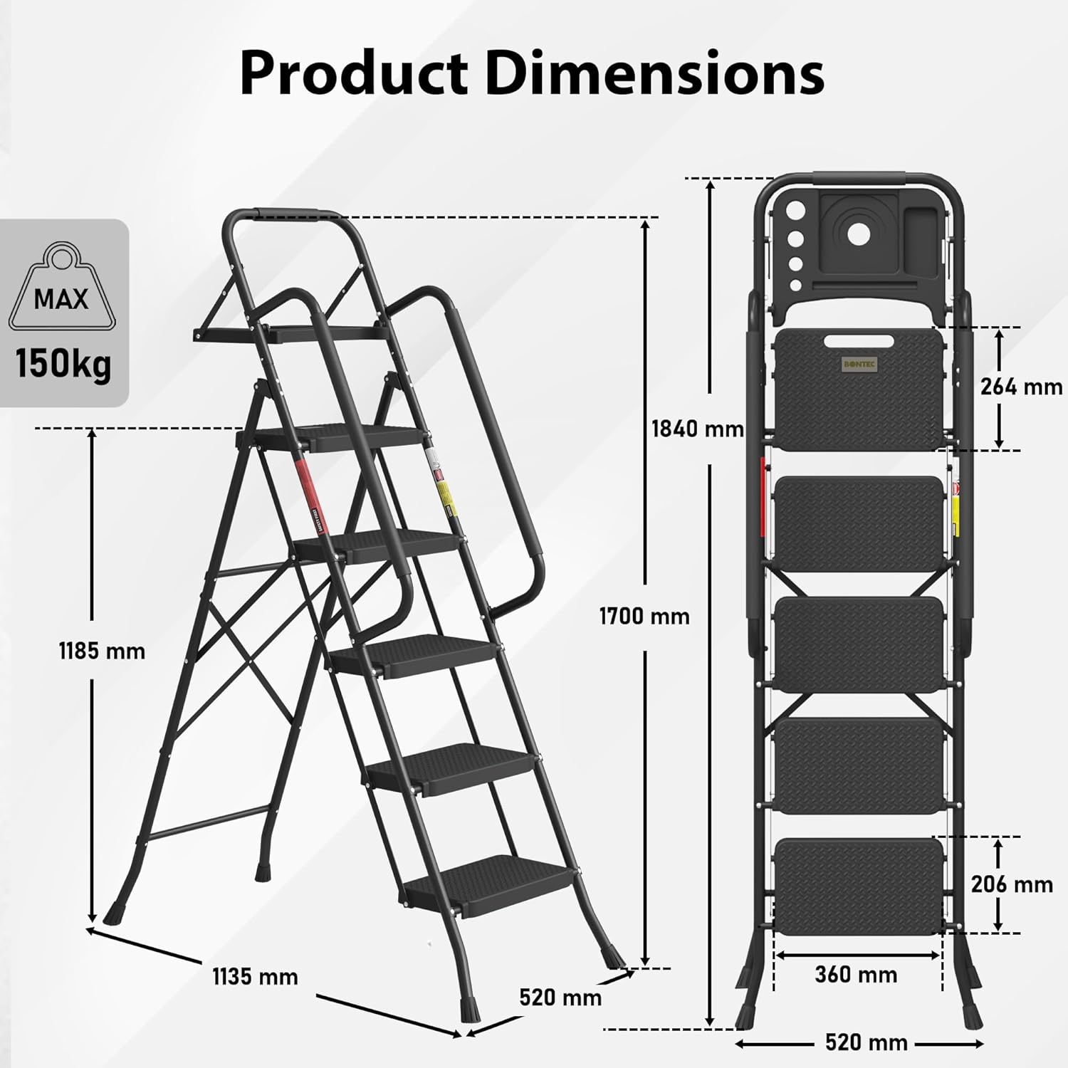 BONTEC 5 Step Ladder Folding, Heavy Duty Foldable Step Stool with Wide Anti-Slip...