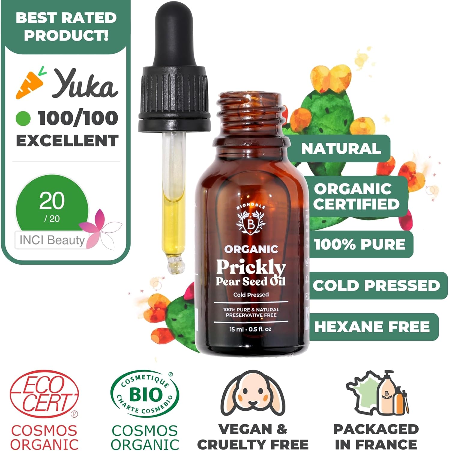 BIONOBLE Organic Prickly Pear Seed Oil, Cold-Pressed, 100% Pure, Hexane-Free - M...