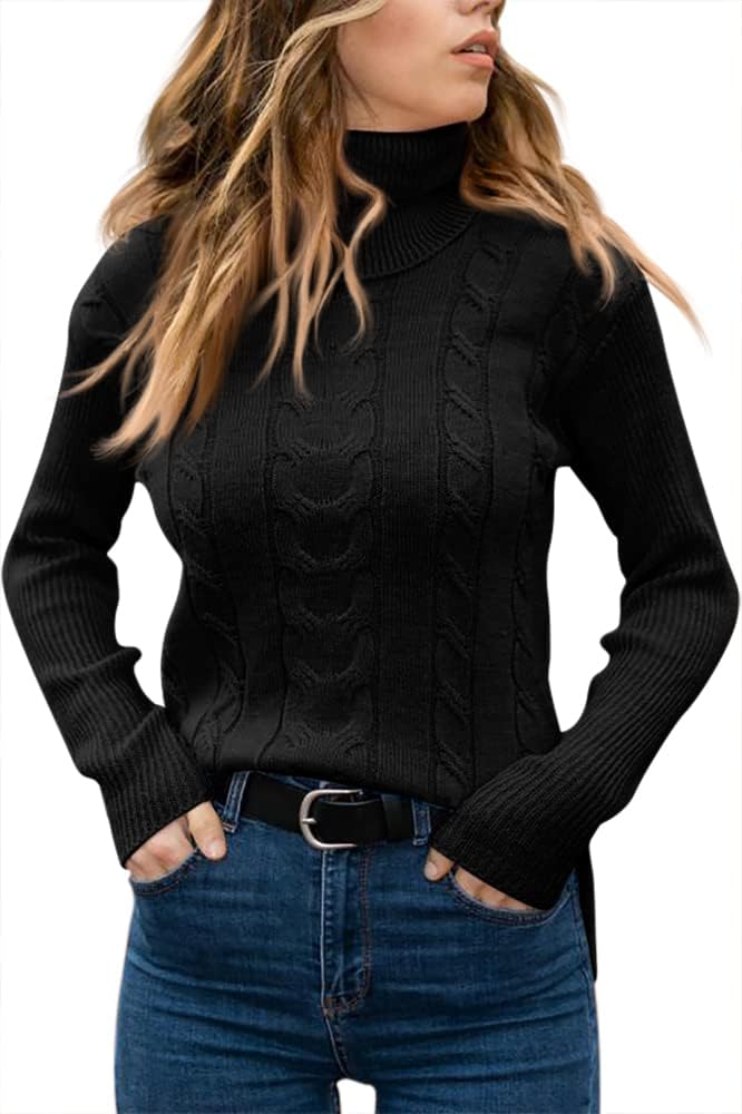 Langwyqu Womens' Turtleneck Long Sleeve Cable Knit Sweaters X-Large Black