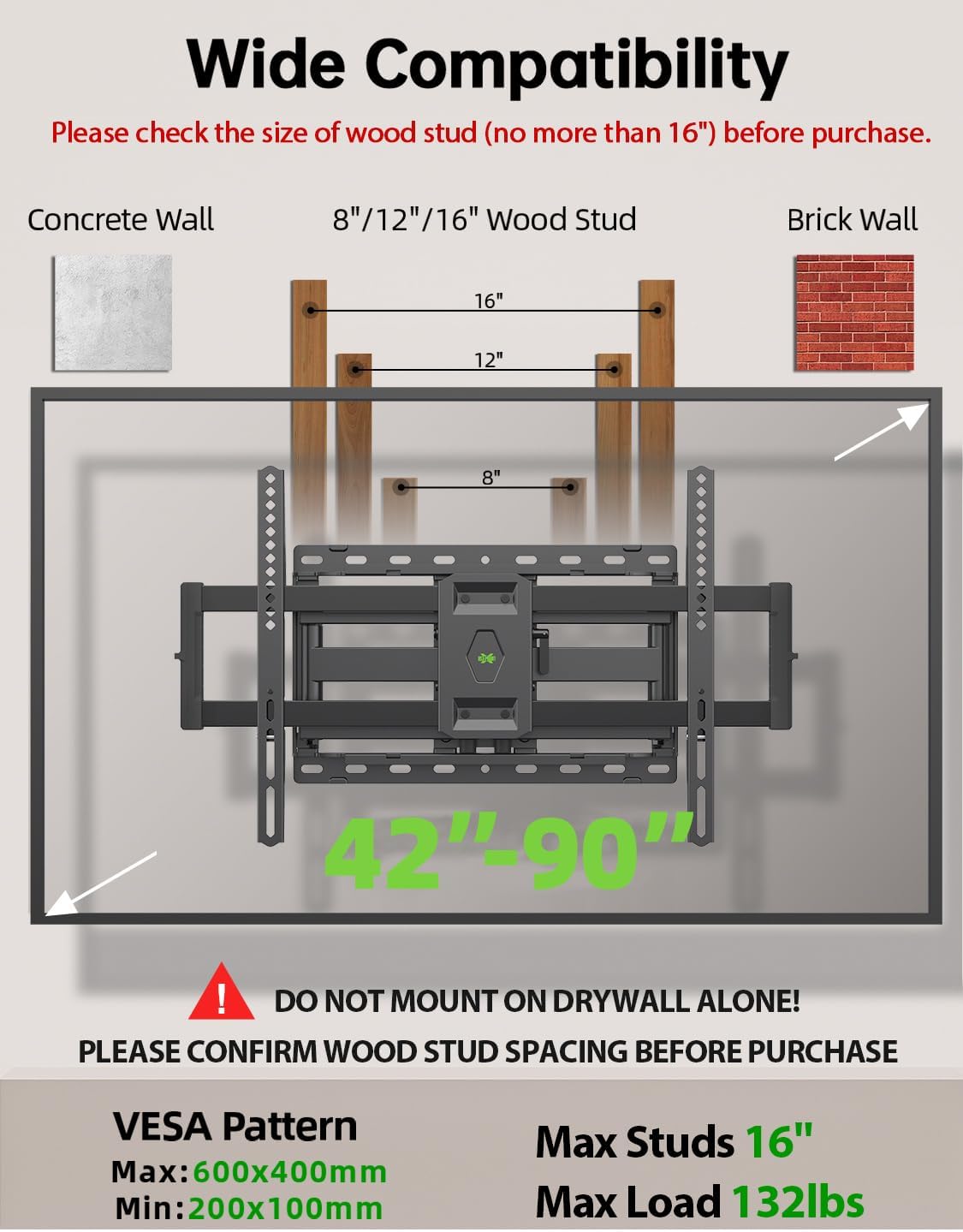 USX Mount Full Motion TV Wall Mount for Most 42-90 inch Flat Screen/LED/4K, TV M...