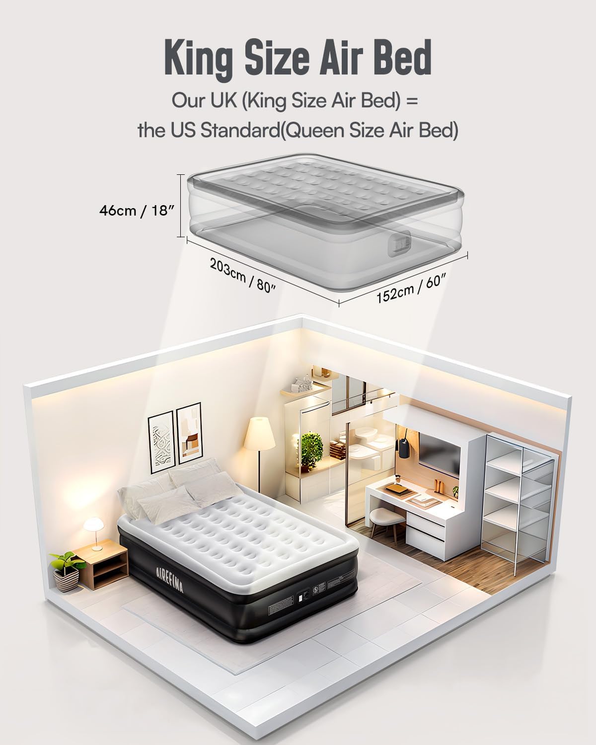 Airefina Inflatable Air Mattress, King Size Airbed with Built-in Pump, Double Bl...