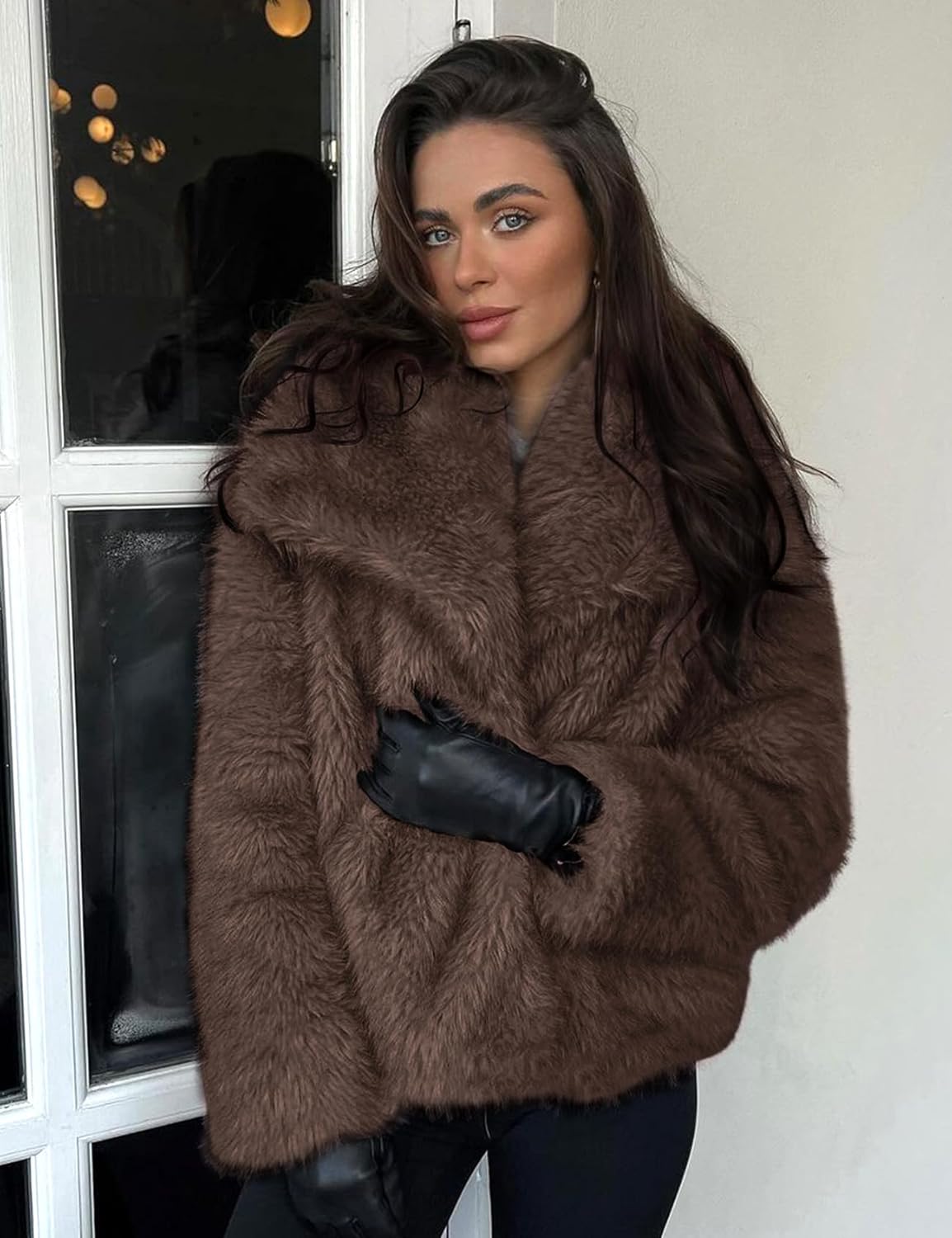 Yimoon Womens Faux Fur Coat Lapel Open Front Fluffy Shaggy Jacket Winter Warm Fu...