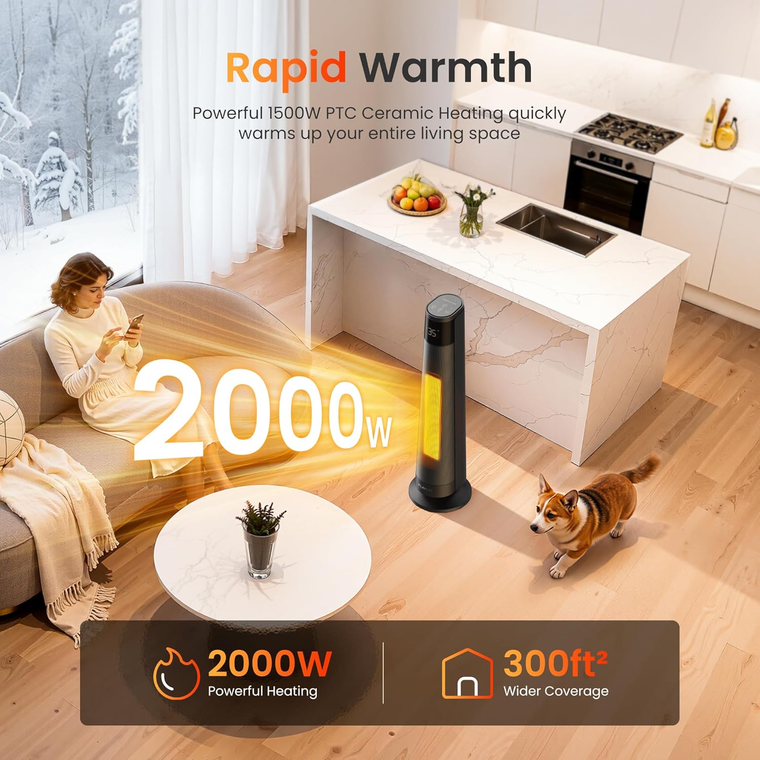 FLANUR Indoor Electric Portable Space Heaters, 2000W PTC Ceramic Heater with WiF...