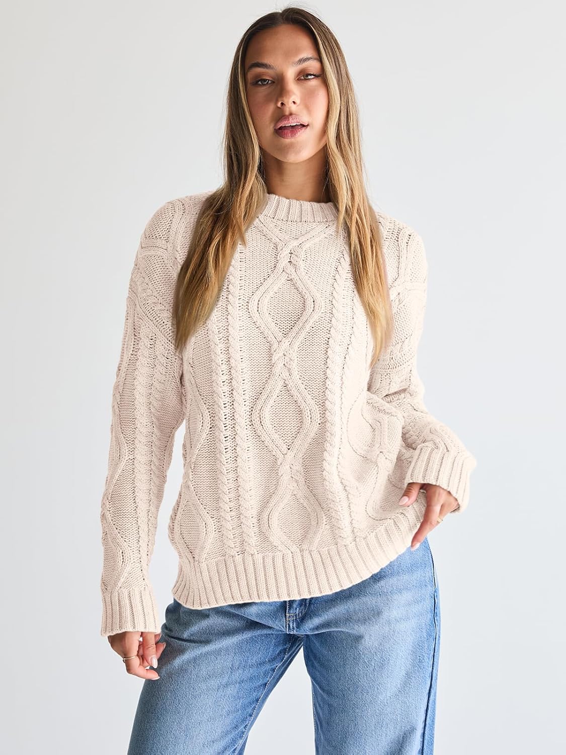Trendy Queen Women's Oversized Cable Knit Crewneck Sweaters Cream Medium