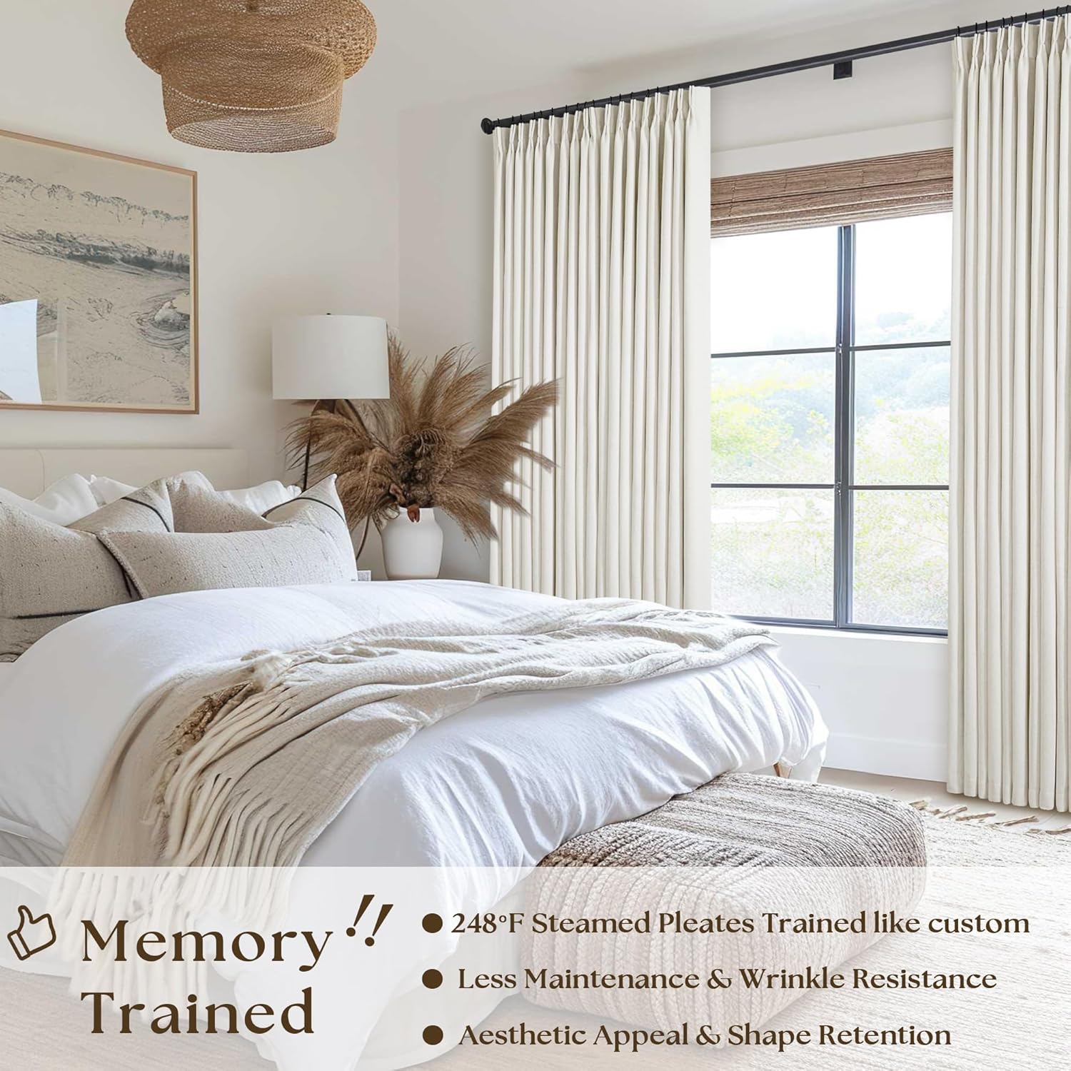 Natural Linen Blackout Curtains, Unique Extra Wide Pinch Pleated Curtains for Sl...