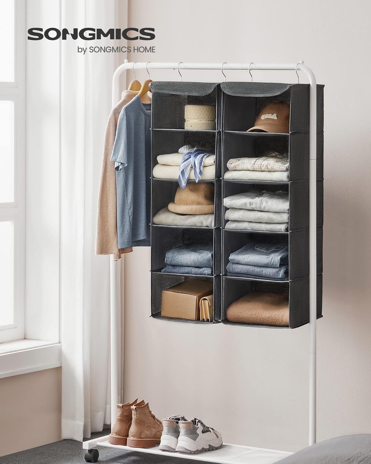 SONGMICS Wardrobe Organizer, Set of 2, Hanging Closet Bag, Foldable, Space Savin...