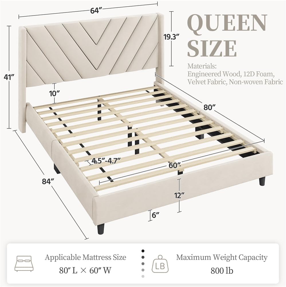 Yaheetech Queen Bed Frame Upholstered Platform Bed with Wing Side/Wooden Slat Su...