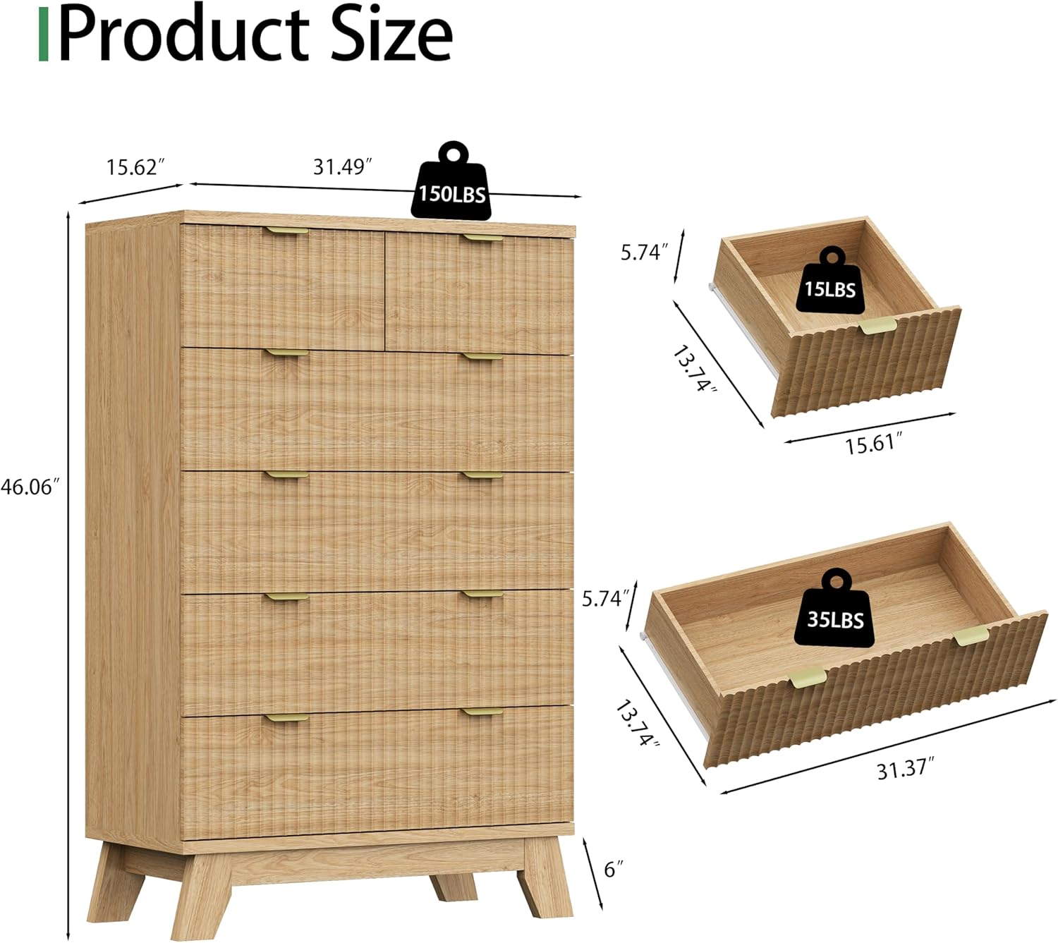 Fluted Dresser for Bedroom with 6 Drawers, 46" Tall Modern Chest of Drawers with...