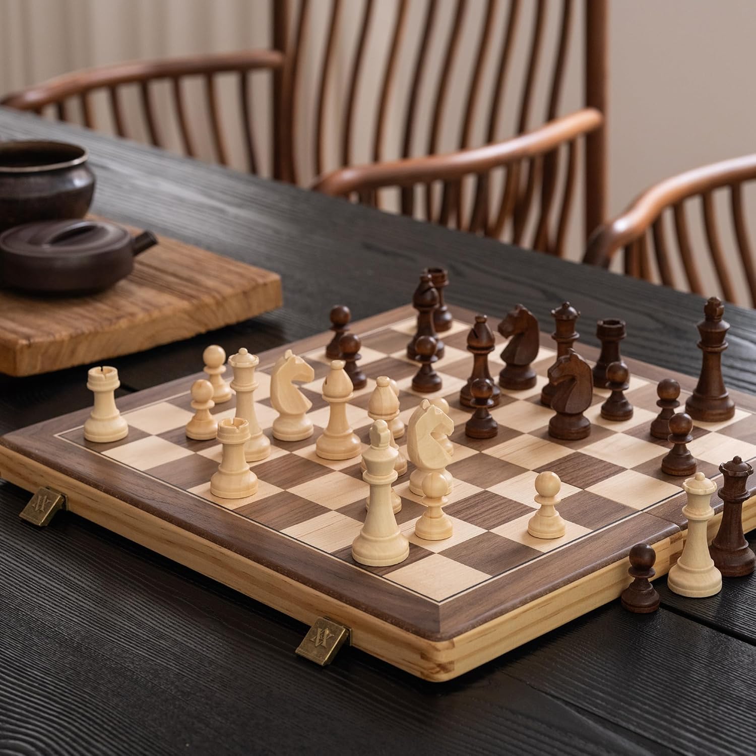 A&A 15" Magnetic Wooden Chess Set/Folding Board / 3" King Height German Knight S...
