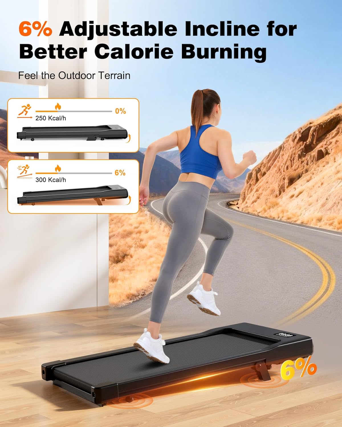 Superun Raceable 6% Incline Walking Pad with App Control, Under Desk Treadmill f...