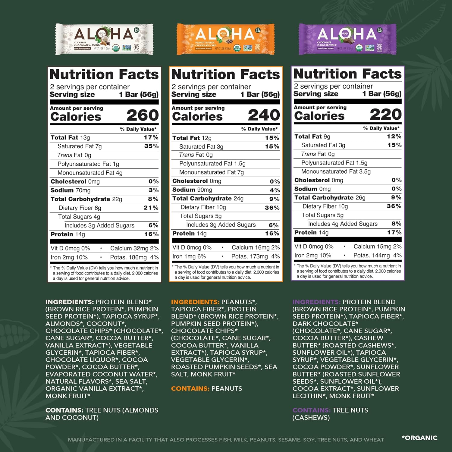 ALOHA Organic Plant Based Protein Bars - 6 Flavor Variety Pack - 12 Count, 1.9oz...