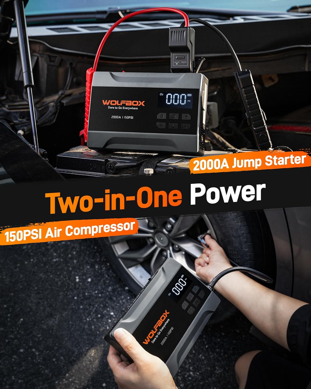 Premium WOLFBOX 2000A Jump Starter, Advanced Car Battery Jumper with Air Compres...