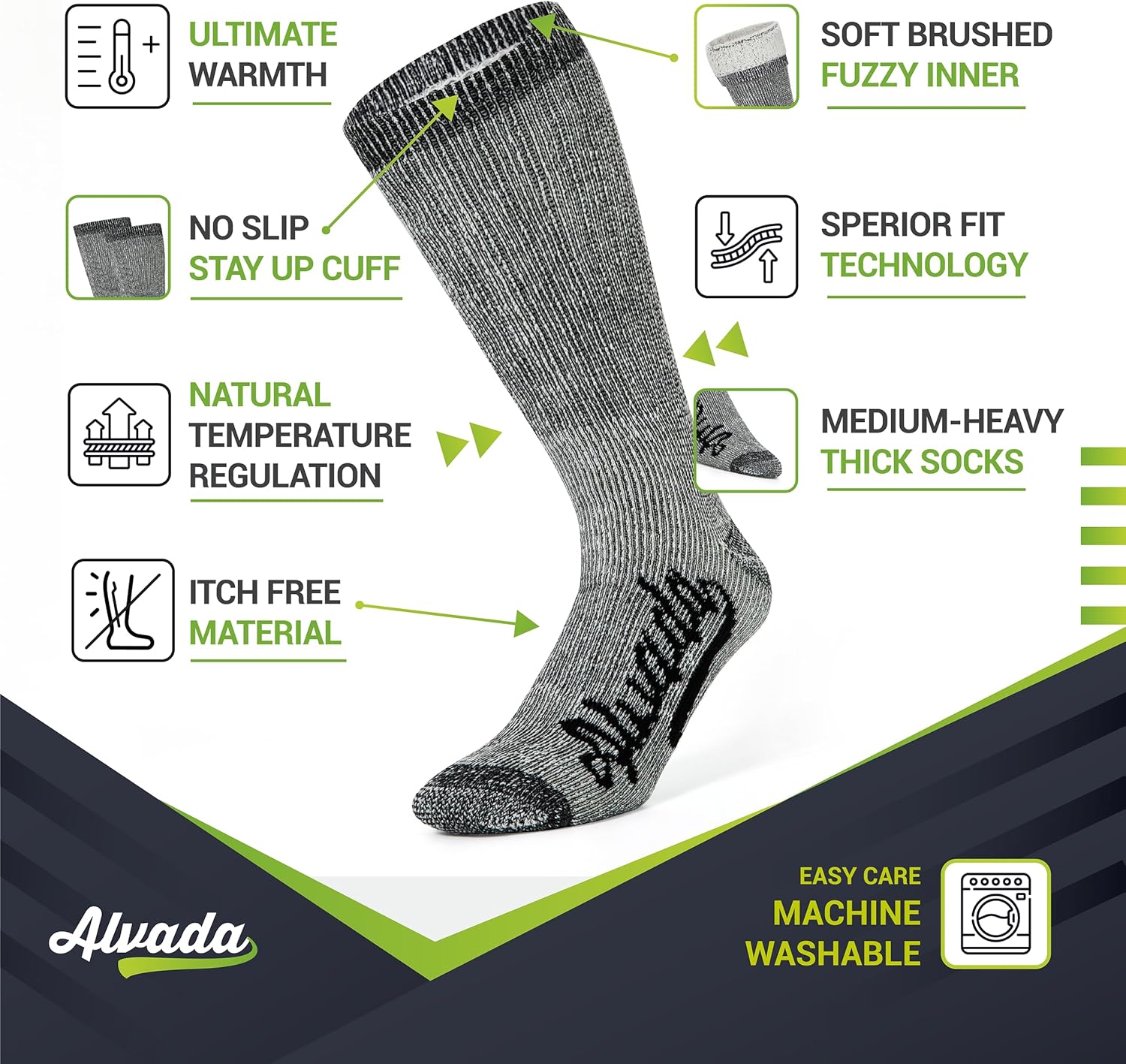 Alvada Merino Wool Hiking Socks Thermal Warm Crew Winter Boot Sock For Men & Wom...