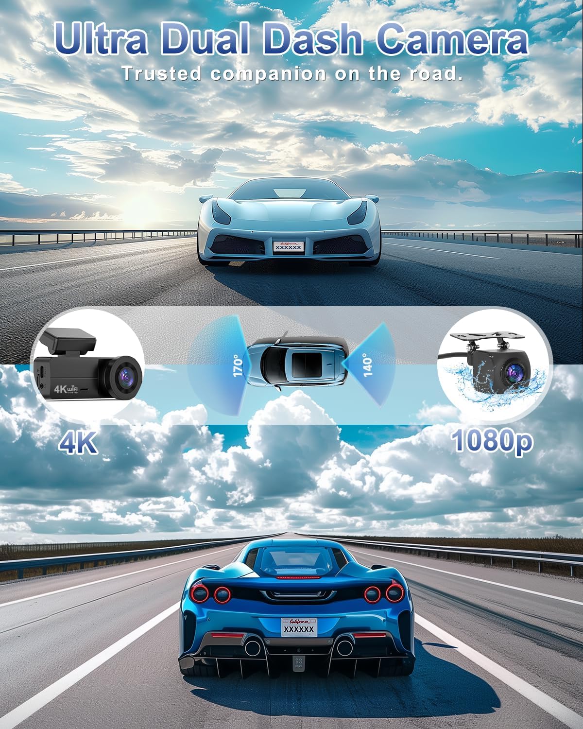 DYNACAM Dash Cam Front and Rear 4K+1080P, Dash Cam Inserted 64GB SD Card, Built-...