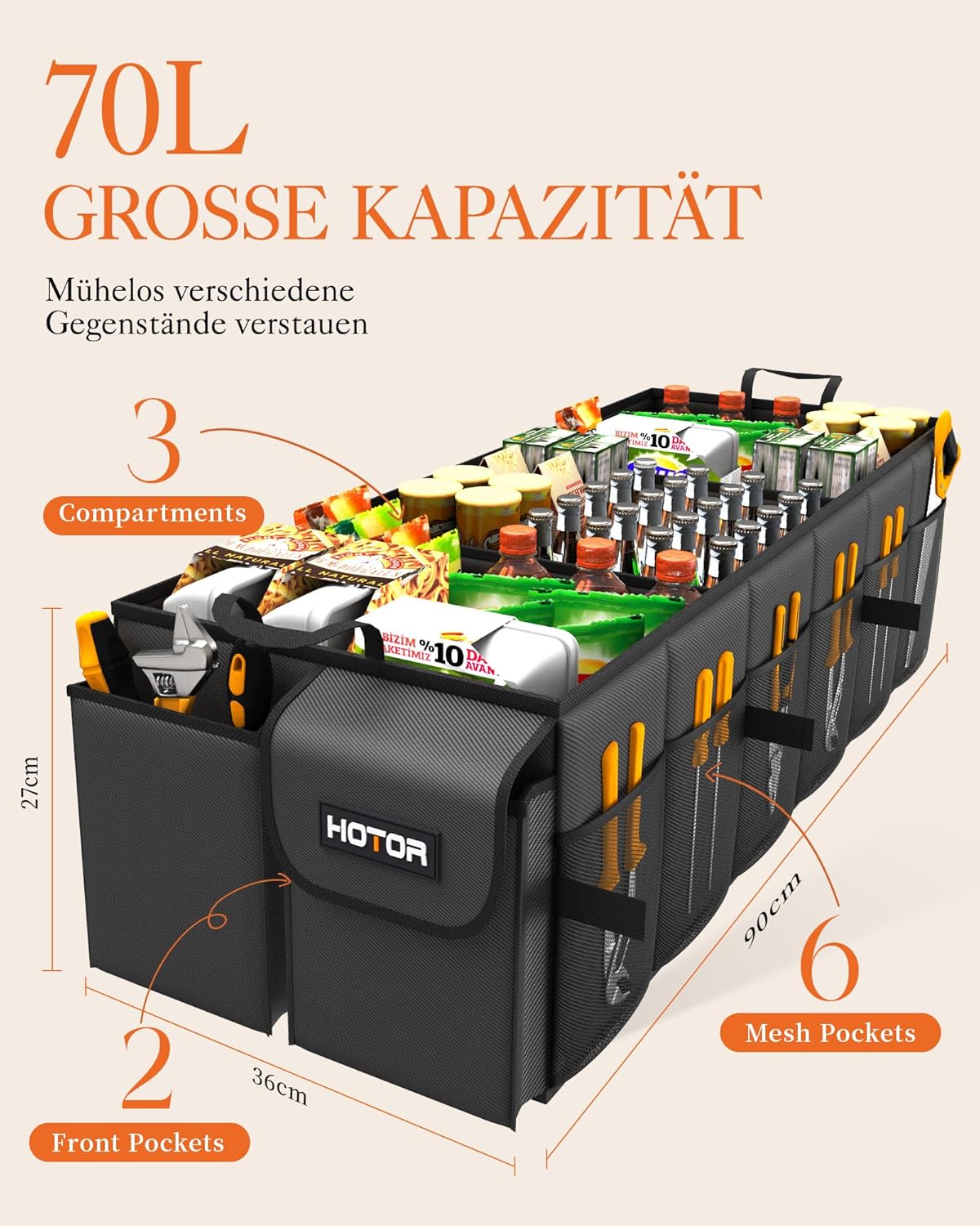 High-Quality HOTOR Car Boot Organiser, Spacious Car Trunk Organizer with Collaps...